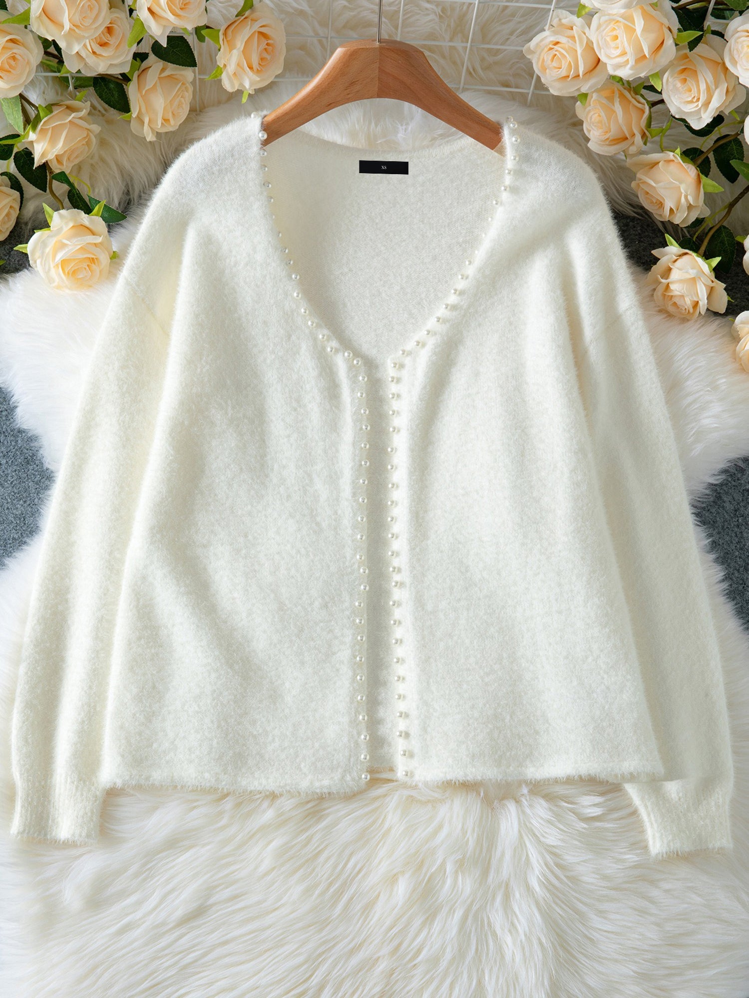 Solid Color Faux Pearl Decor Long Sleeves Cardigan