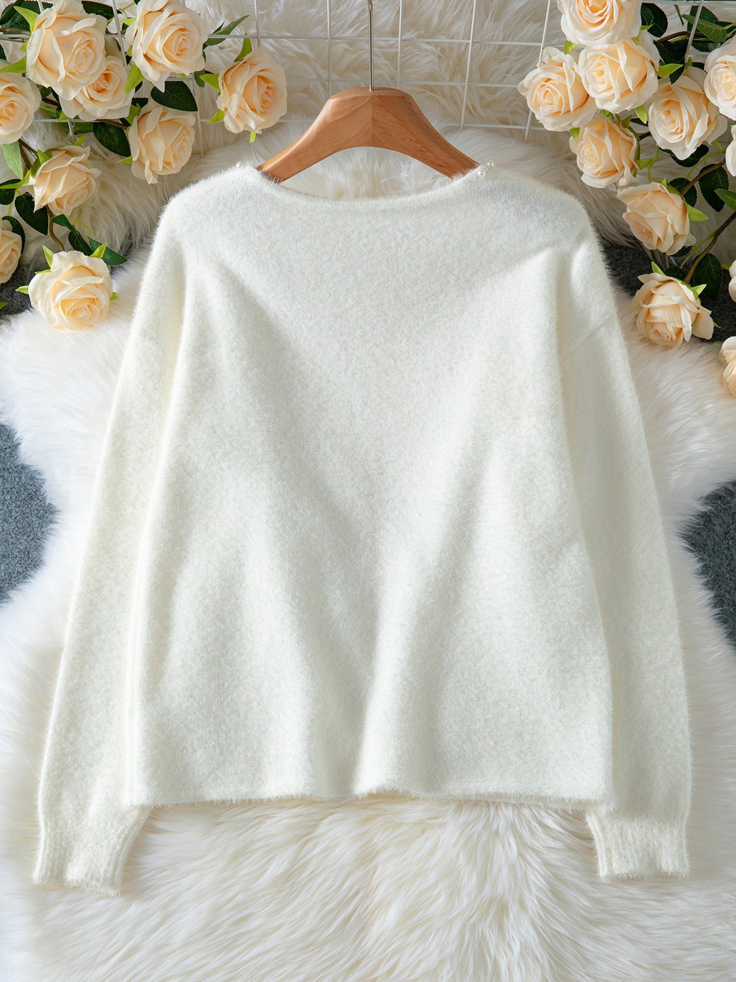 Solid Color Faux Pearl Decor Long Sleeves Cardigan