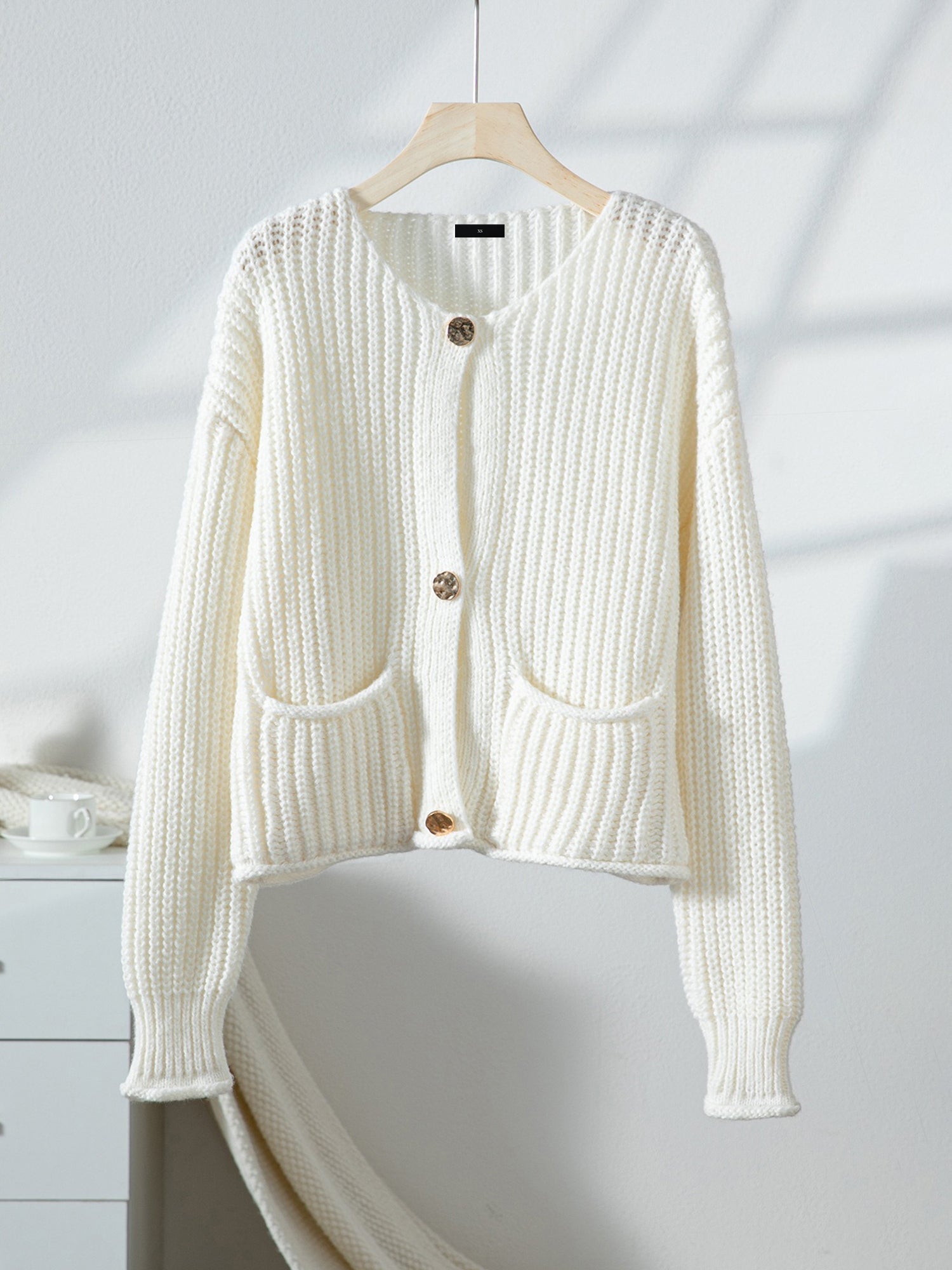 Solid Color Button Front Pockets Casual Knit Cardigan