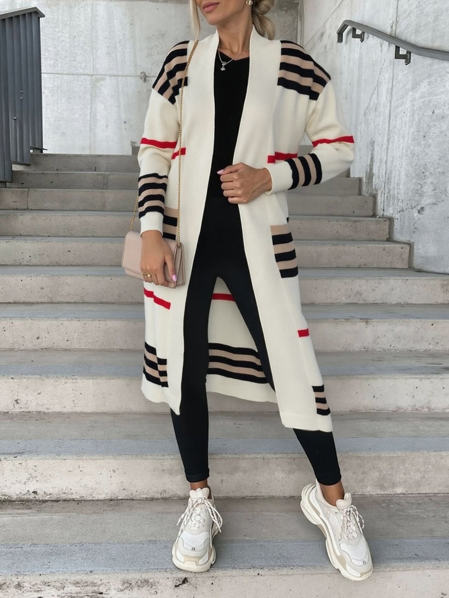 Loose Fit Long Sleeve Striped Knit Cardigan
