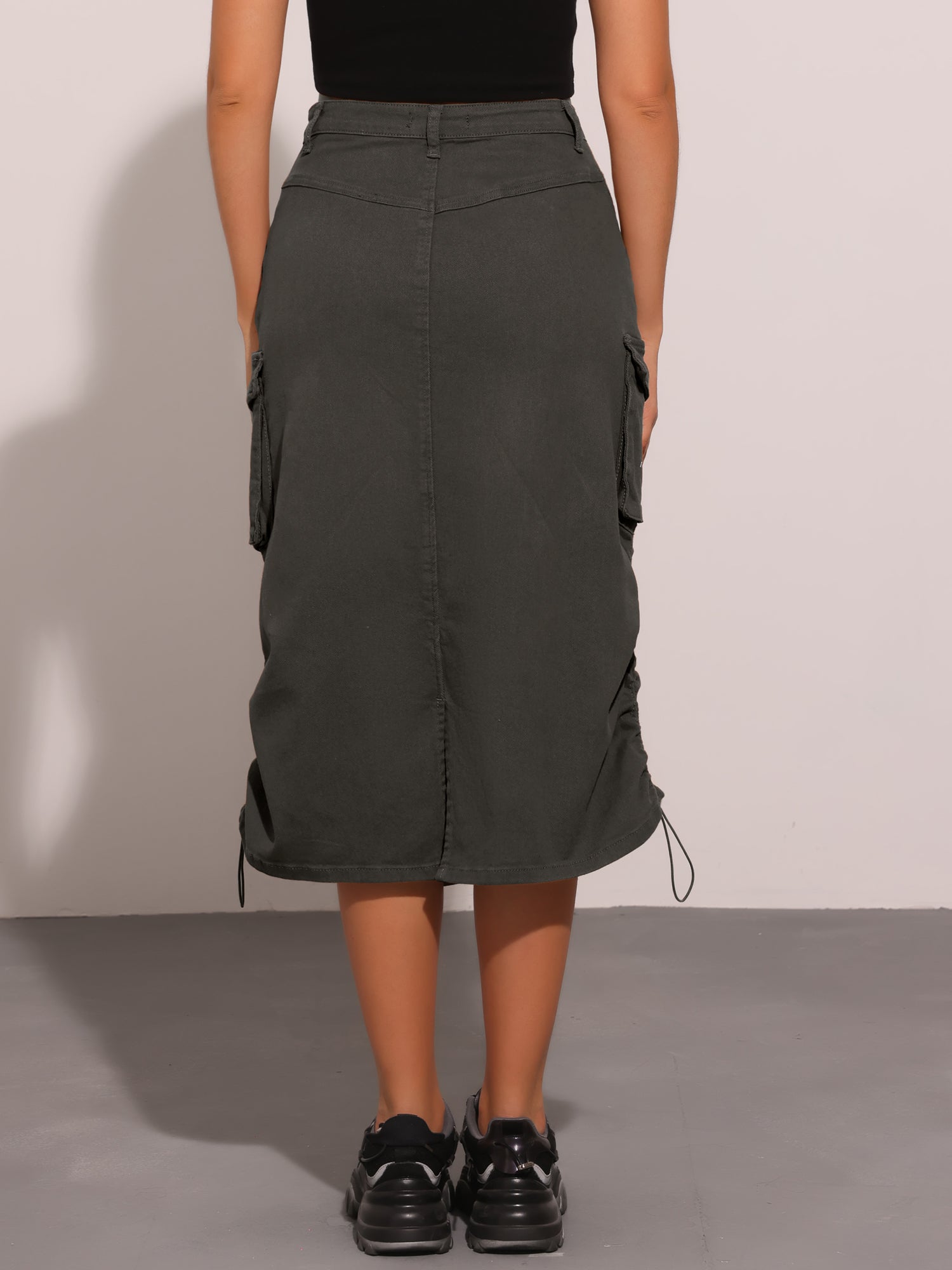 Midi Skirt Flap Pocket Back Slit Drawstring Cargo Skirt