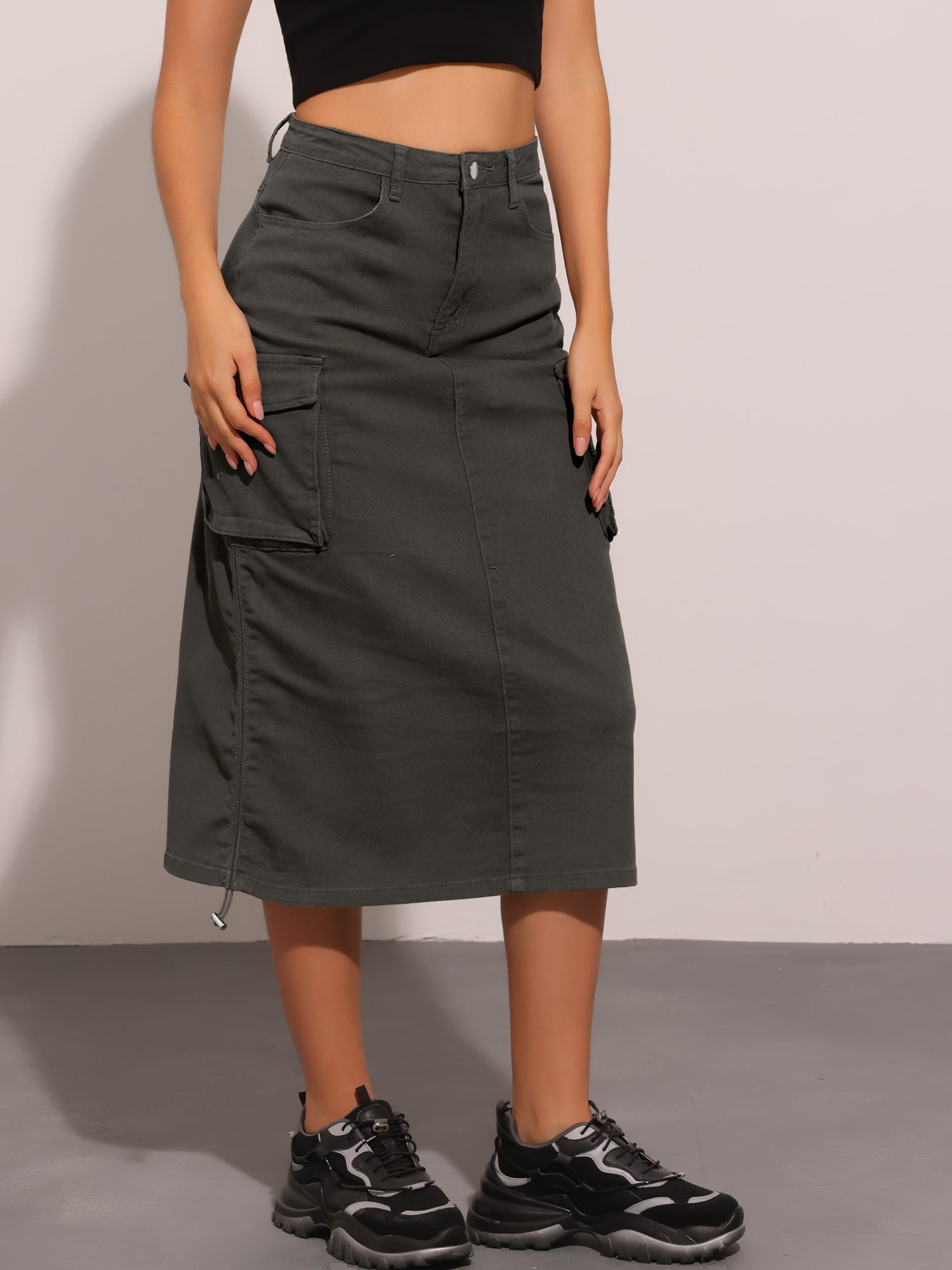 Midi Skirt Flap Pocket Back Slit Drawstring Cargo Skirt