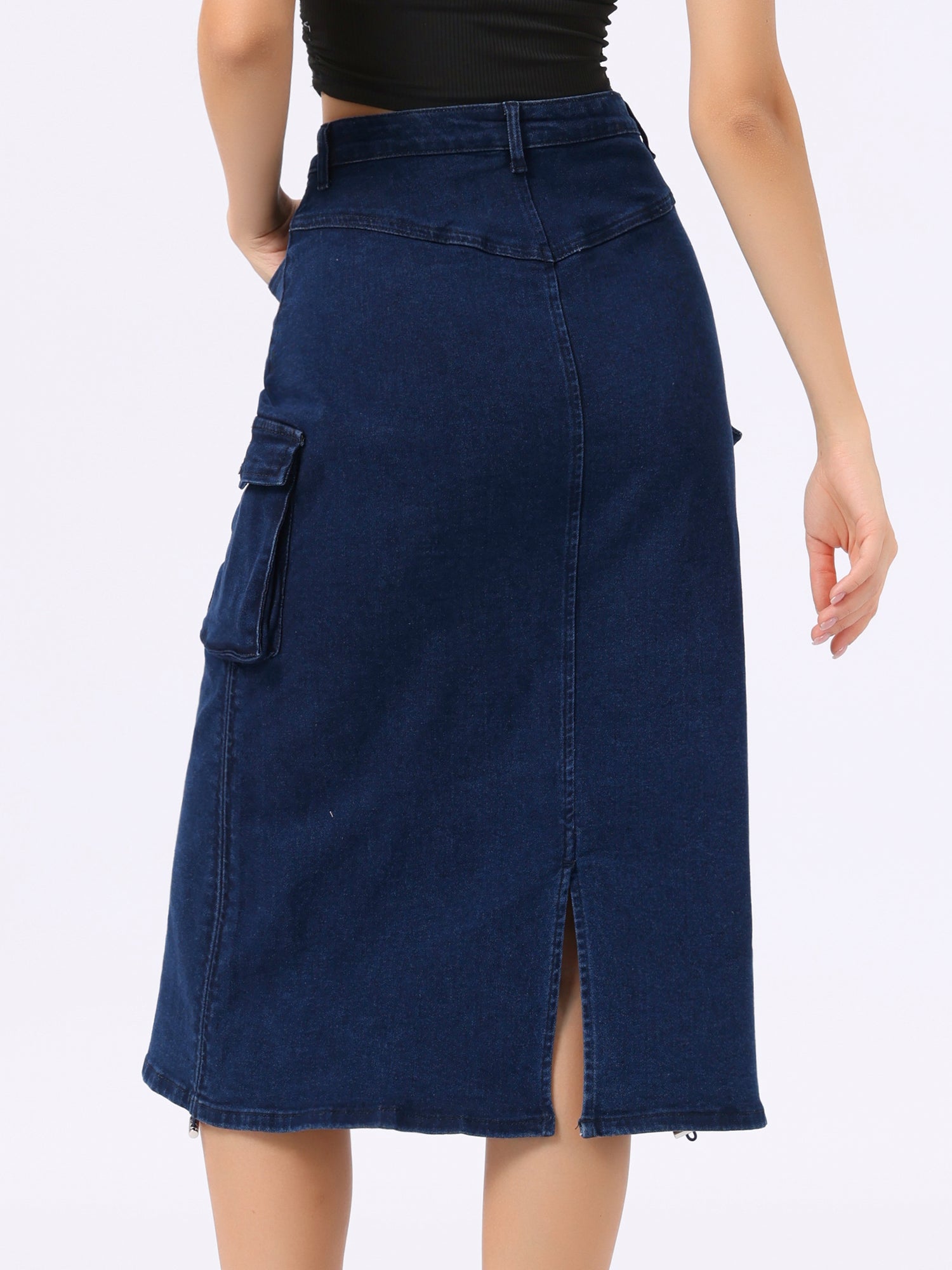 Midi Skirt Flap Pocket Back Slit Drawstring Cargo Skirt