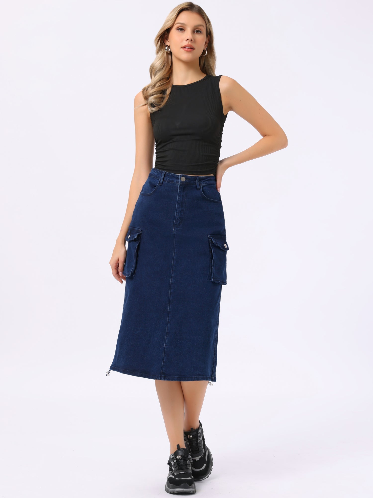 Midi Skirt Flap Pocket Back Slit Drawstring Cargo Skirt