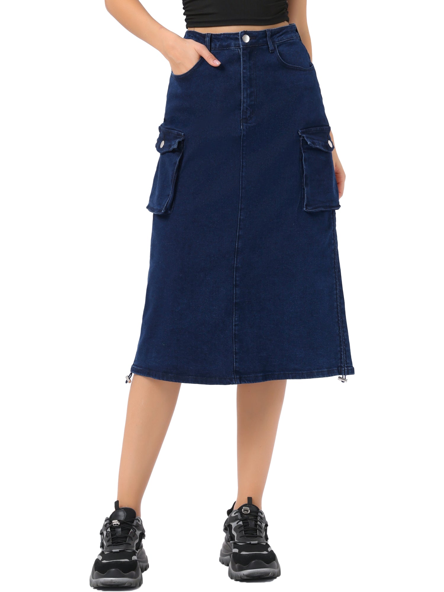 Midi Skirt Flap Pocket Back Slit Drawstring Cargo Skirt