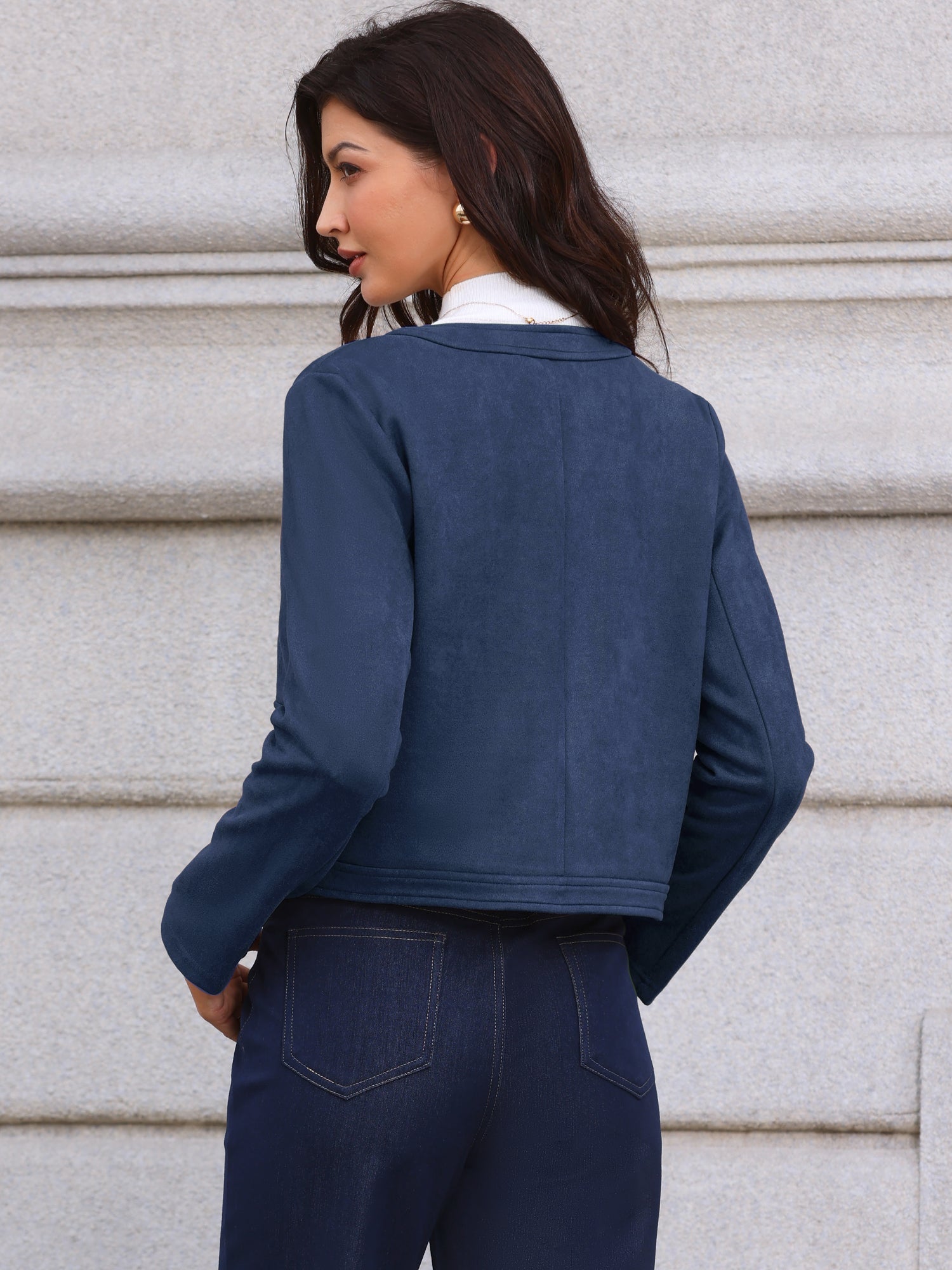 Crew Neck Long Sleeve Button Down Casual Cropped Jacket