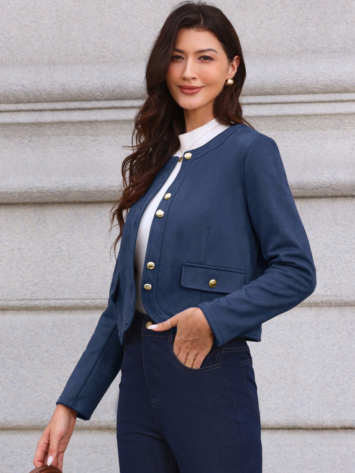 Crew Neck Long Sleeve Button Down Casual Cropped Jacket