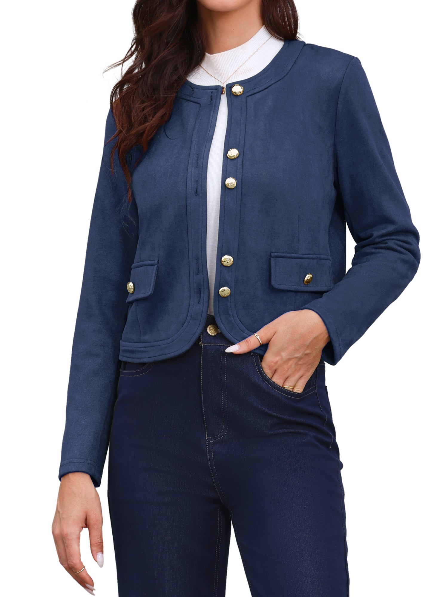 Crew Neck Long Sleeve Button Down Casual Cropped Jacket