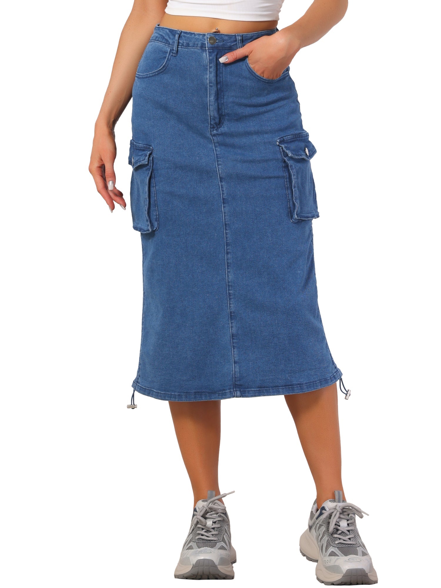 Midi Skirt Flap Pocket Back Slit Drawstring Cargo Skirt