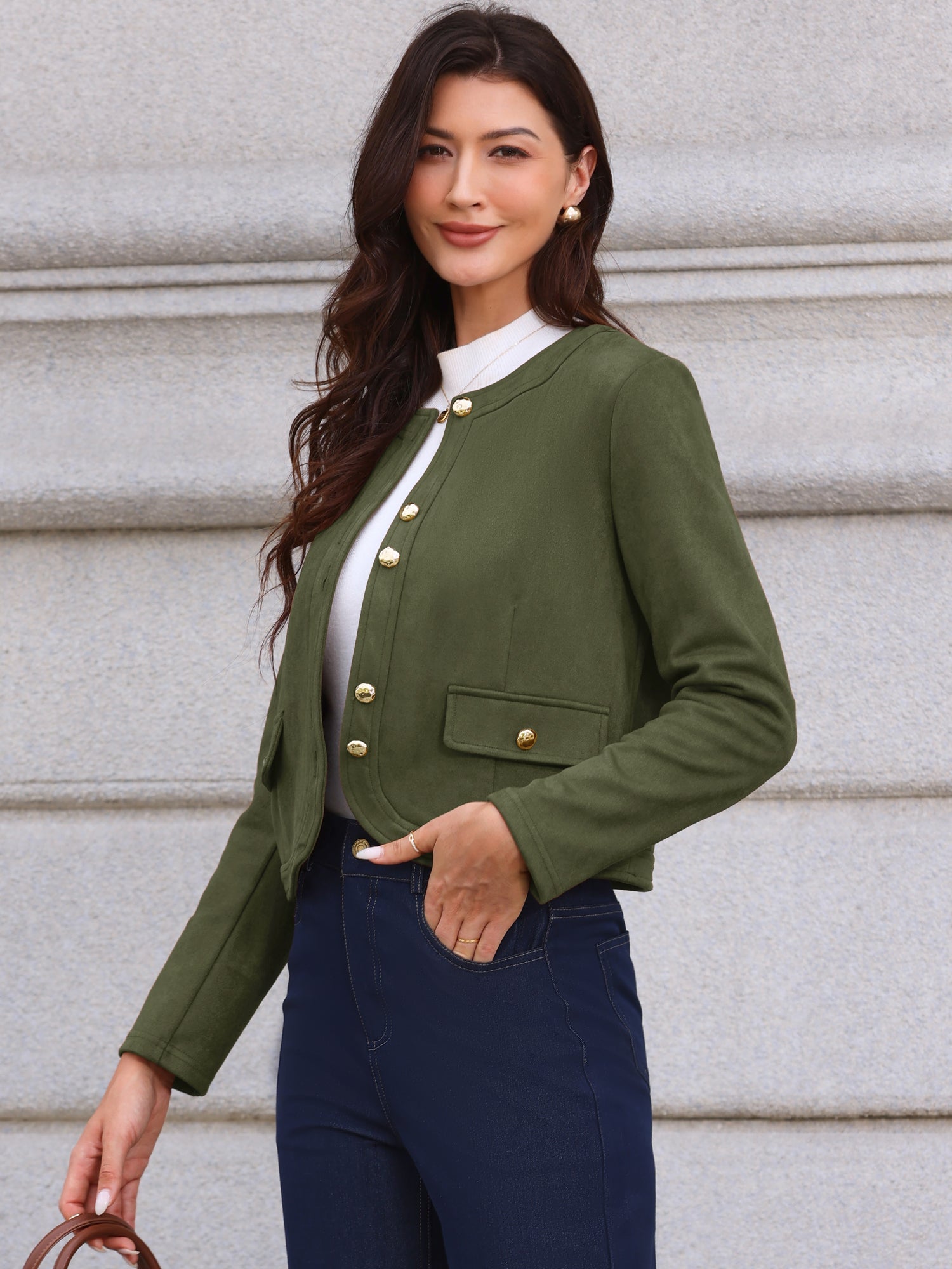 Crew Neck Long Sleeve Button Down Casual Cropped Jacket