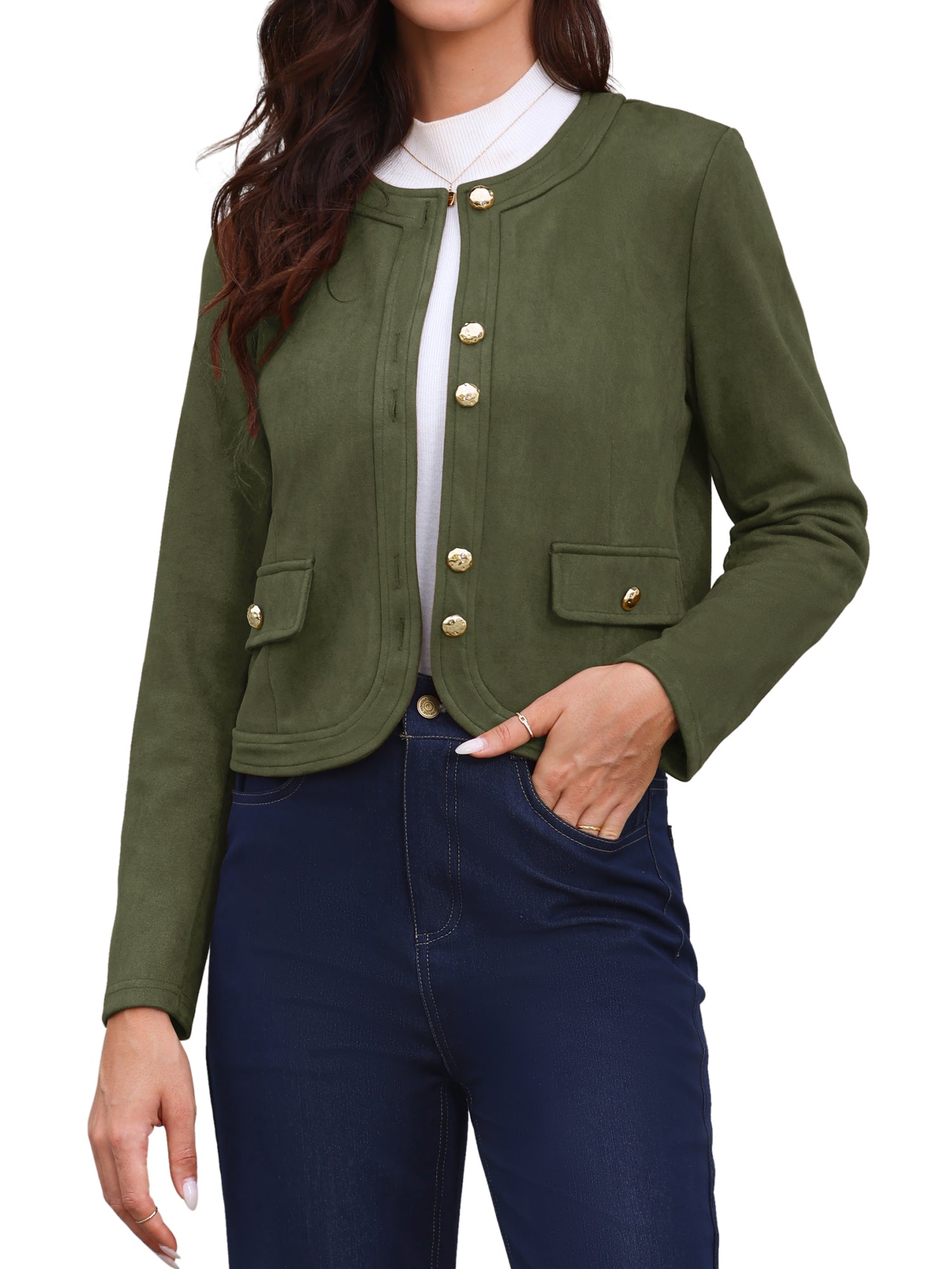 Crew Neck Long Sleeve Button Down Casual Cropped Jacket