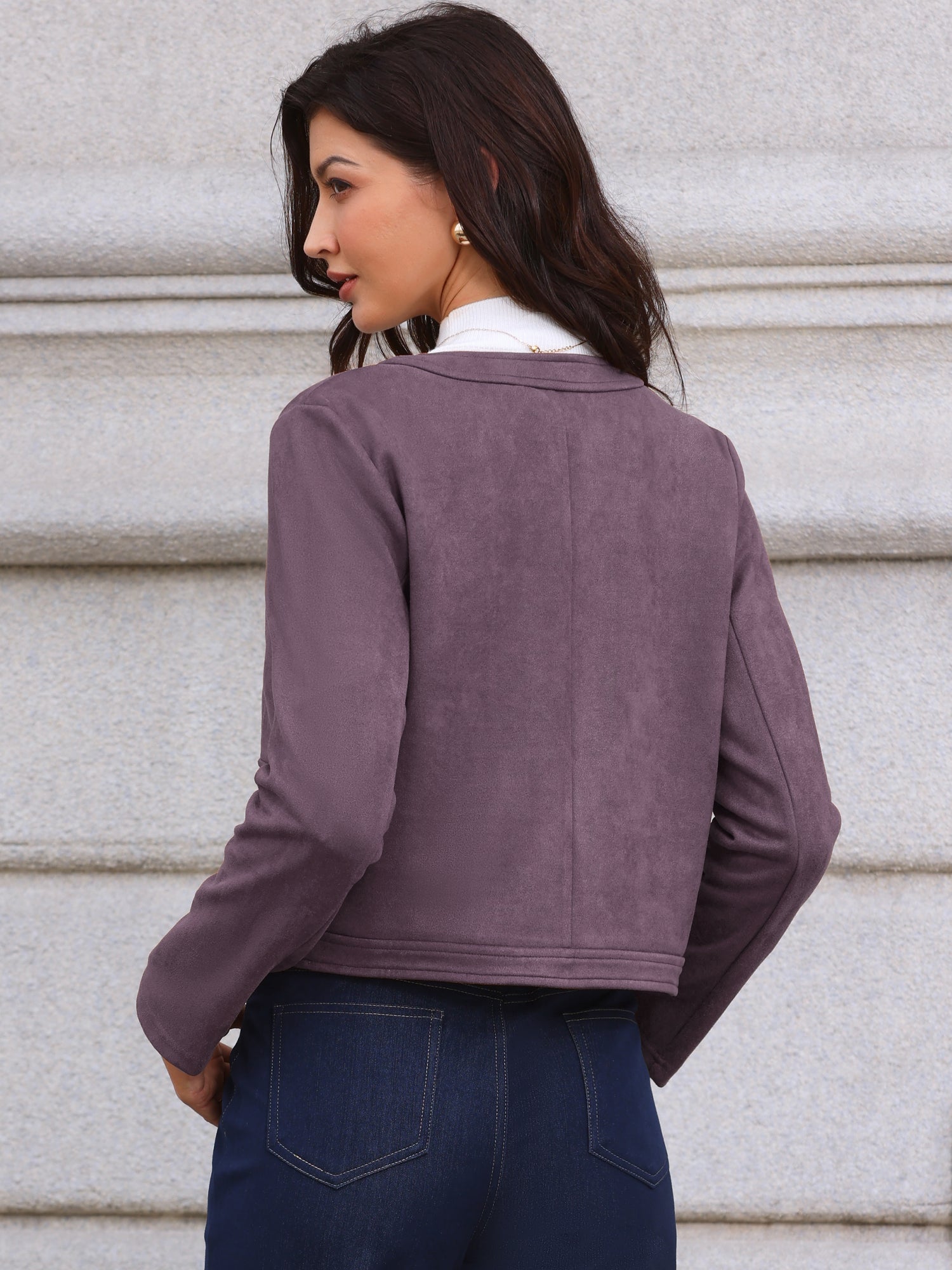 Crew Neck Long Sleeve Button Down Casual Cropped Jacket