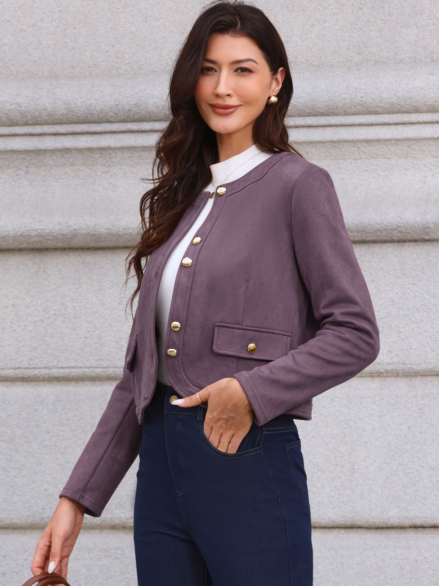 Crew Neck Long Sleeve Button Down Casual Cropped Jacket