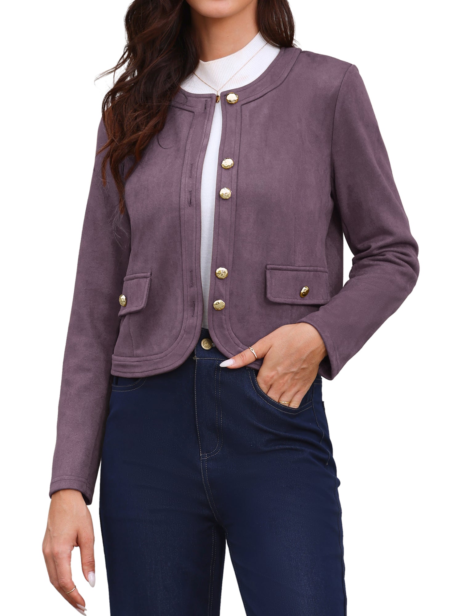 Crew Neck Long Sleeve Button Down Casual Cropped Jacket