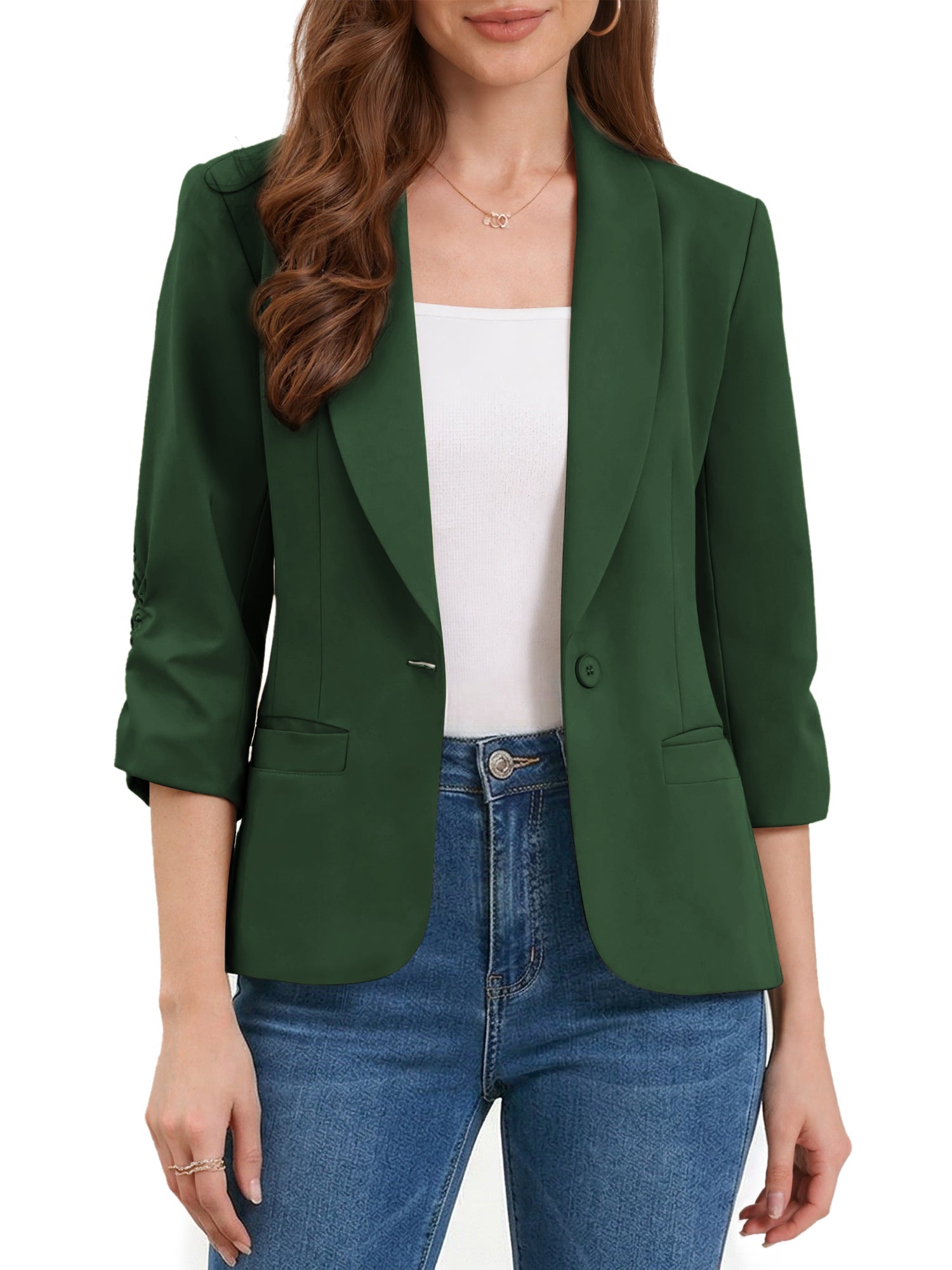 Shawl Lapel Ruched 3/4 Sleeves Pocketed Single Button Office Blazer