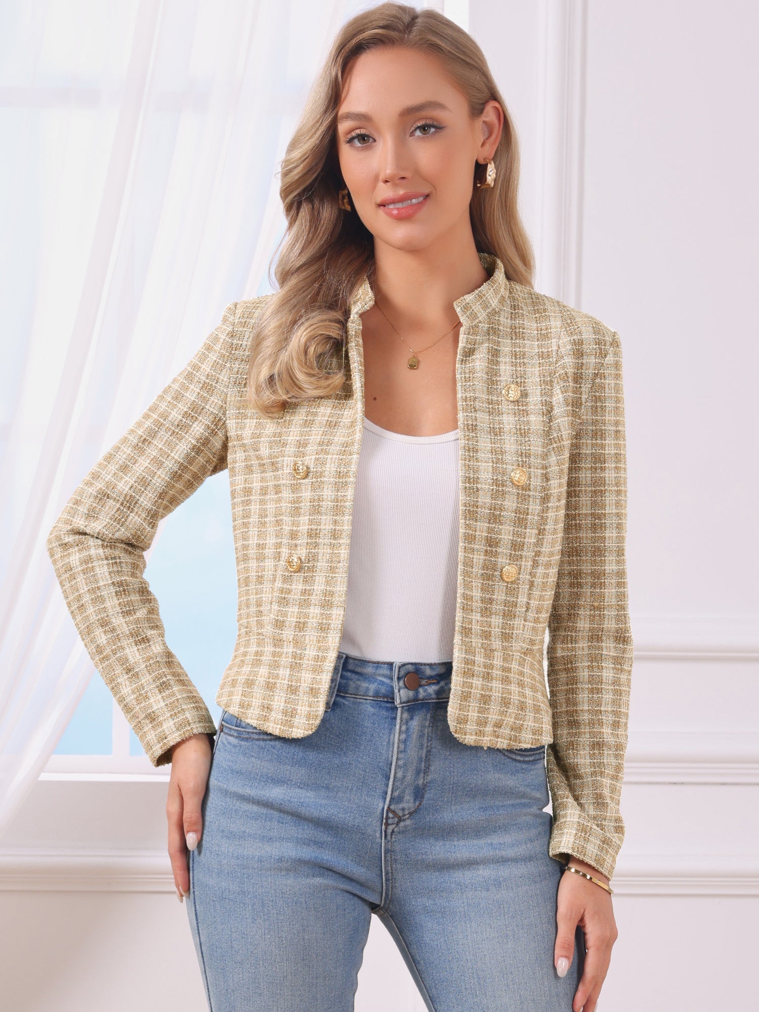 Vintage Tweed Plaid Slim Fit Work Office Cropped Jacket