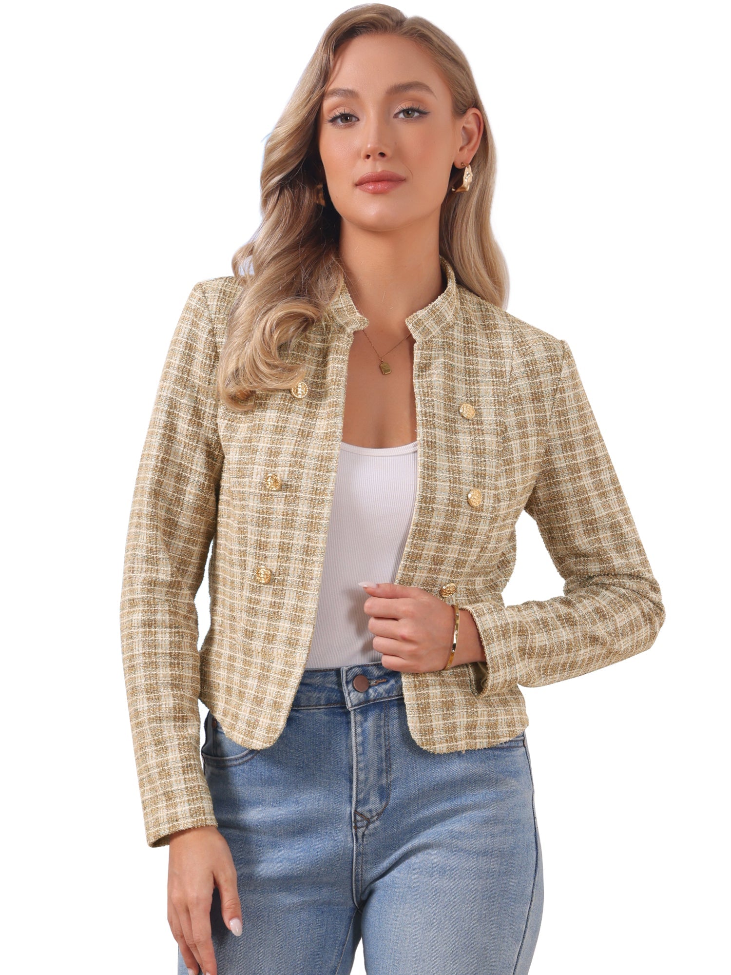 Vintage Tweed Plaid Slim Fit Work Office Cropped Jacket