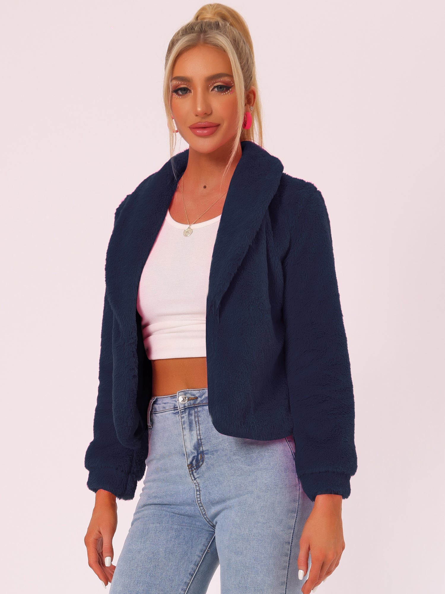 Winter Cropped Jacket Lapel Long Sleeve Faux Fur Fluffy Coat