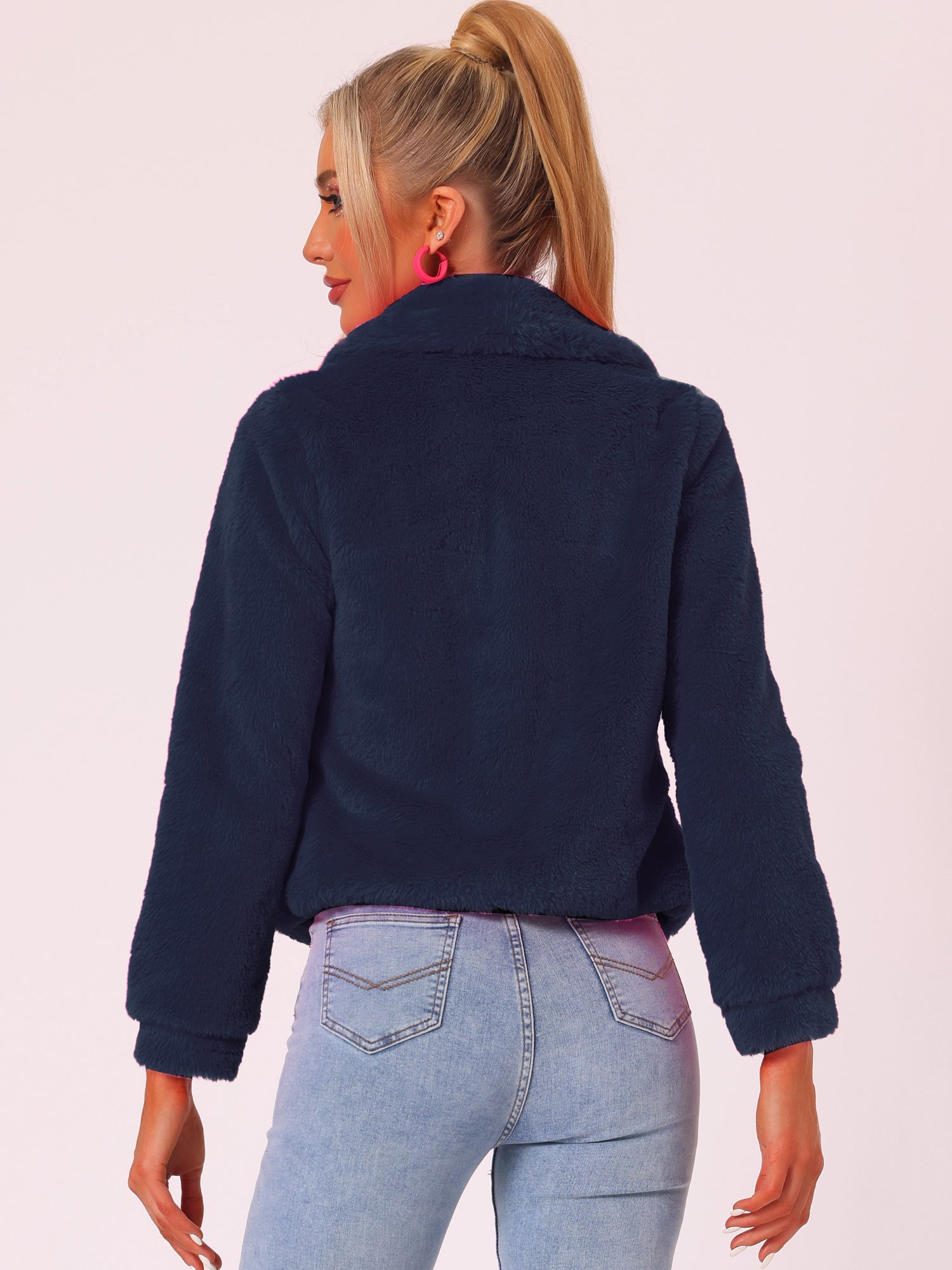 Winter Cropped Jacket Lapel Long Sleeve Faux Fur Fluffy Coat