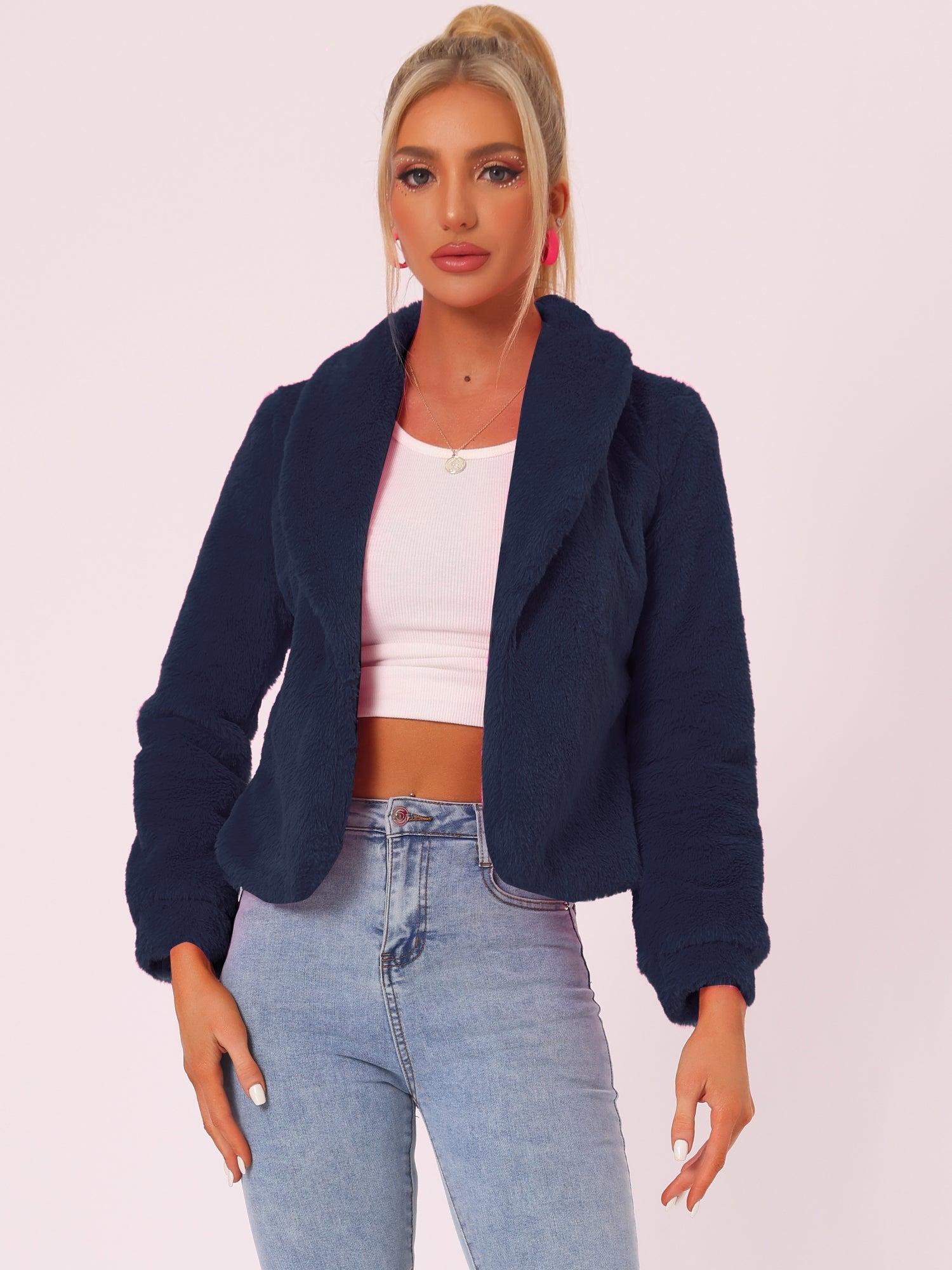 Winter Cropped Jacket Lapel Long Sleeve Faux Fur Fluffy Coat