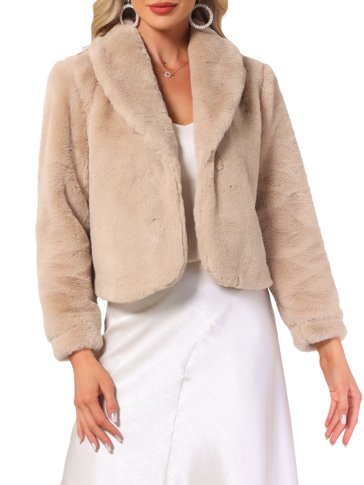 Winter Cropped Jacket Lapel Long Sleeve Faux Fur Fluffy Coat