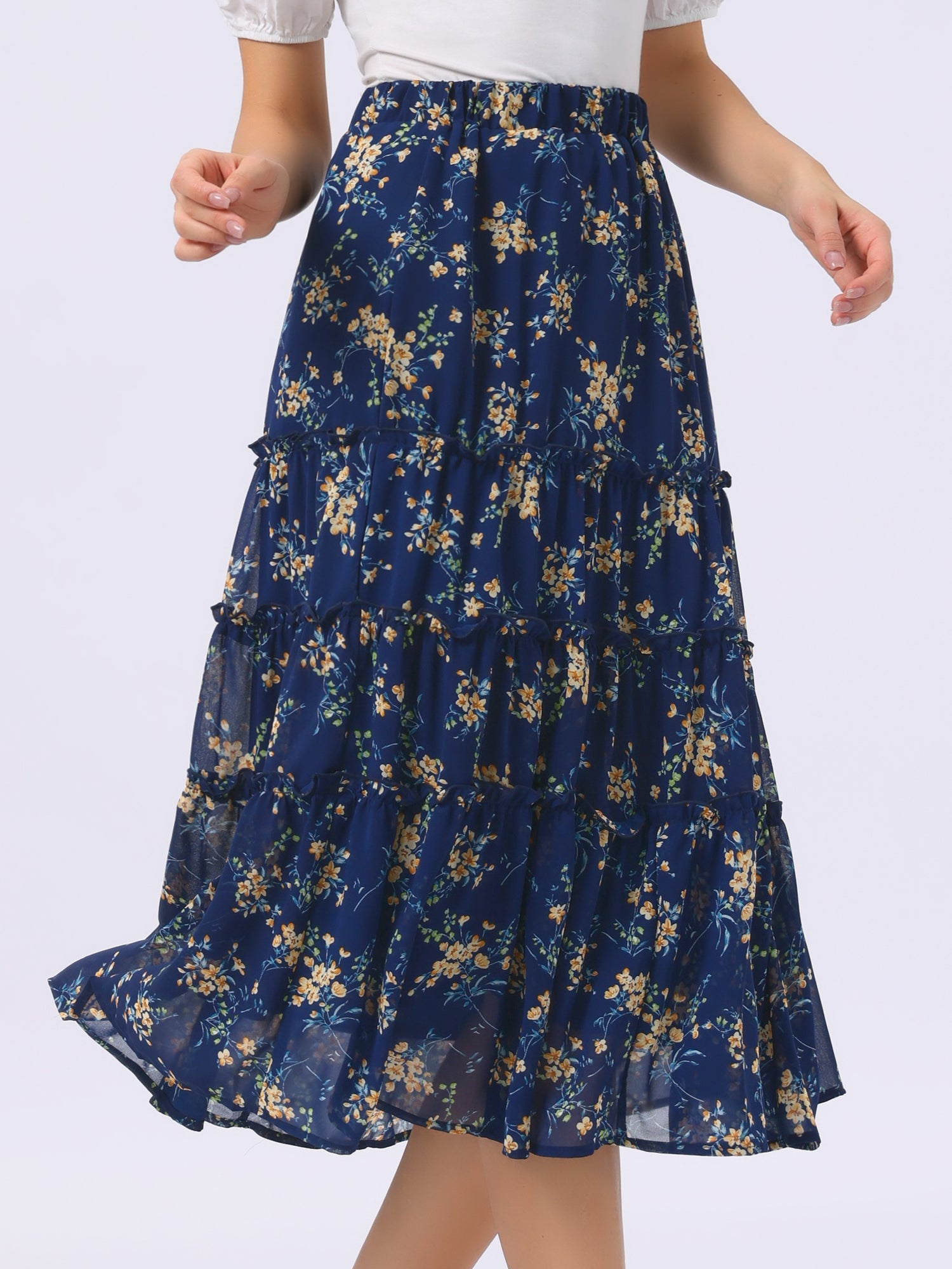 Chiffon Floral Printed Long Tiered Ruffle Boho Midi Skirt
