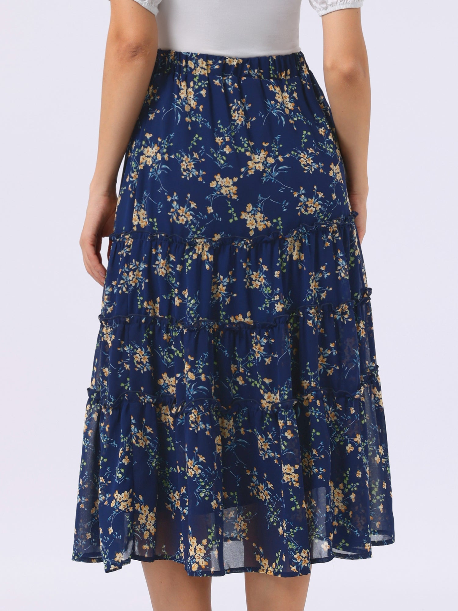 Chiffon Floral Printed Long Tiered Ruffle Boho Midi Skirt