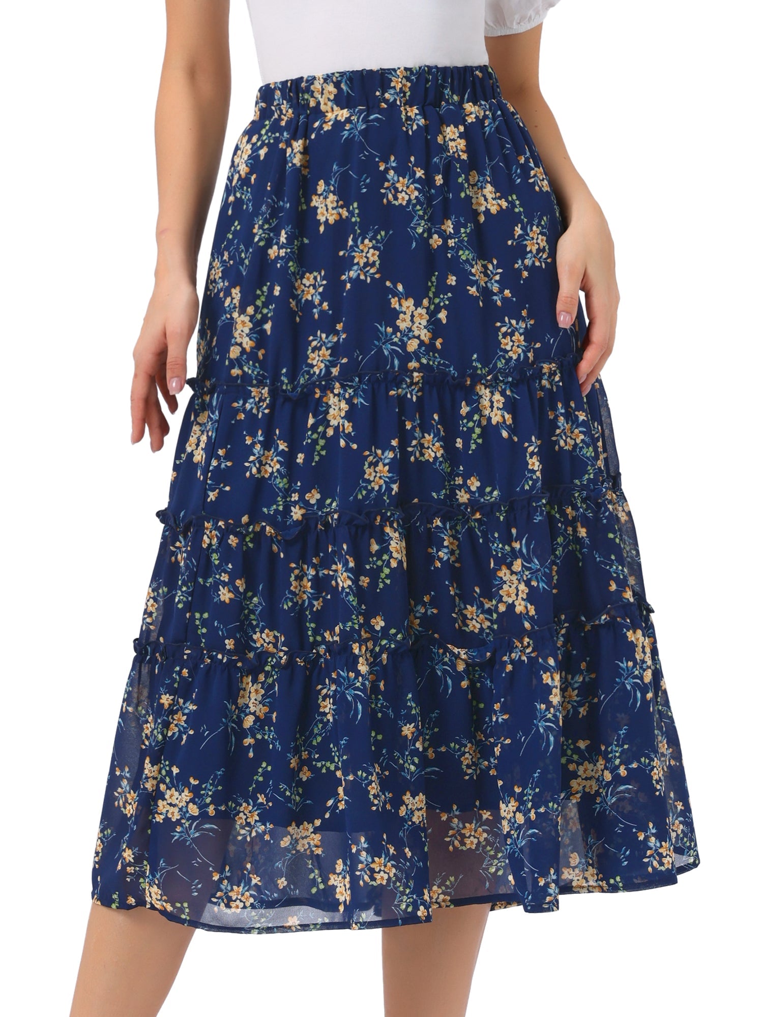Chiffon Floral Printed Long Tiered Ruffle Boho Midi Skirt