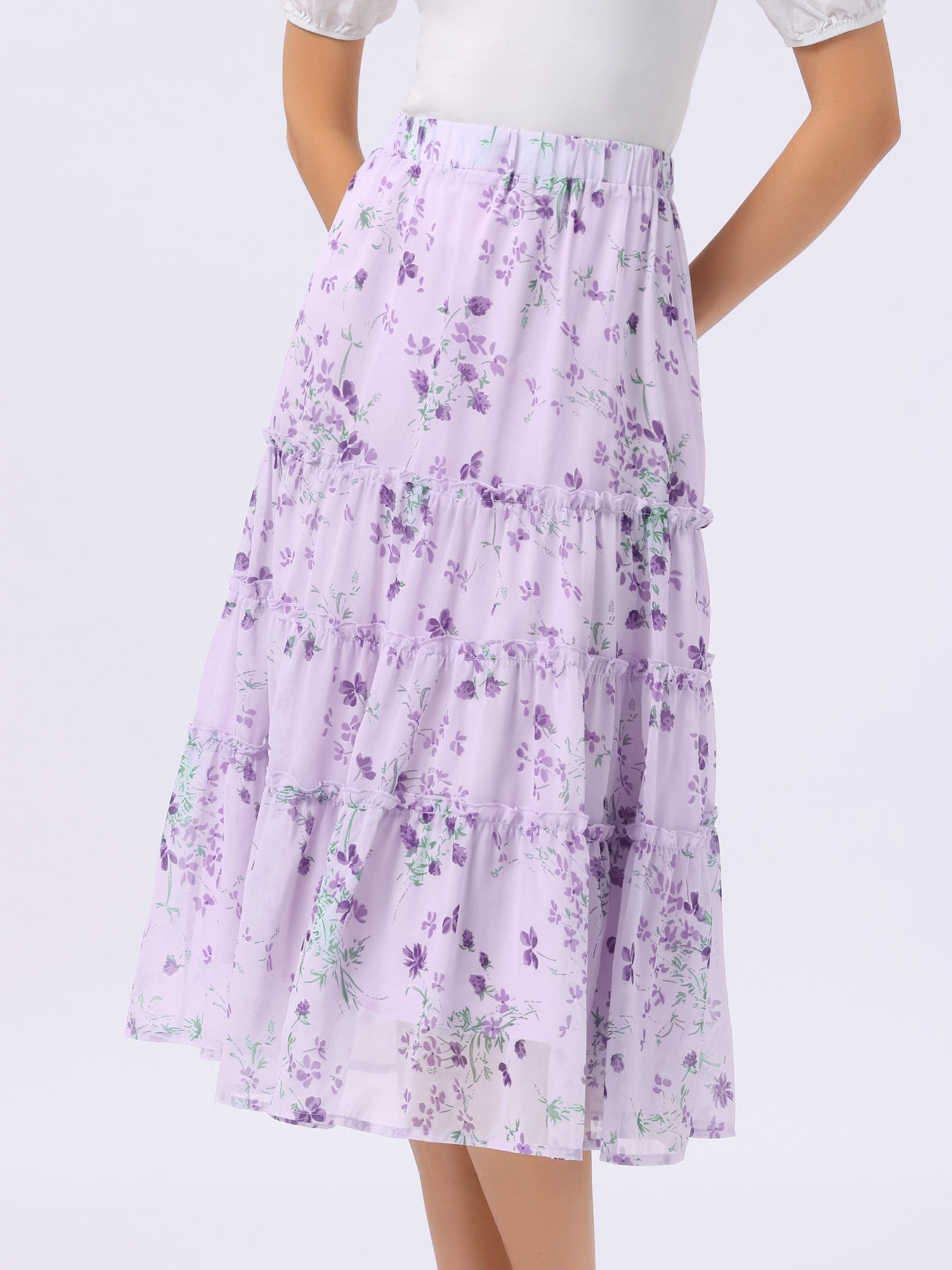 Chiffon Floral Printed Long Tiered Ruffle Boho Midi Skirt