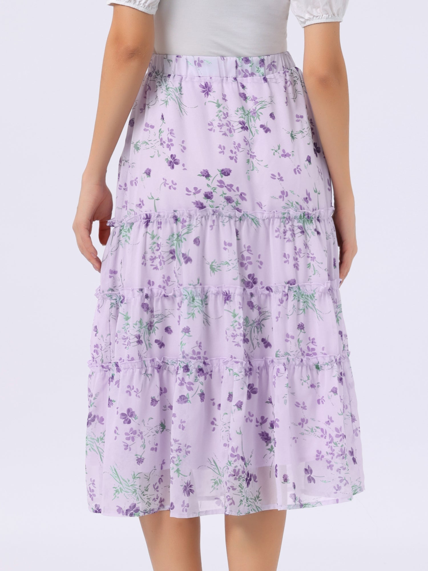 Chiffon Floral Printed Long Tiered Ruffle Boho Midi Skirt