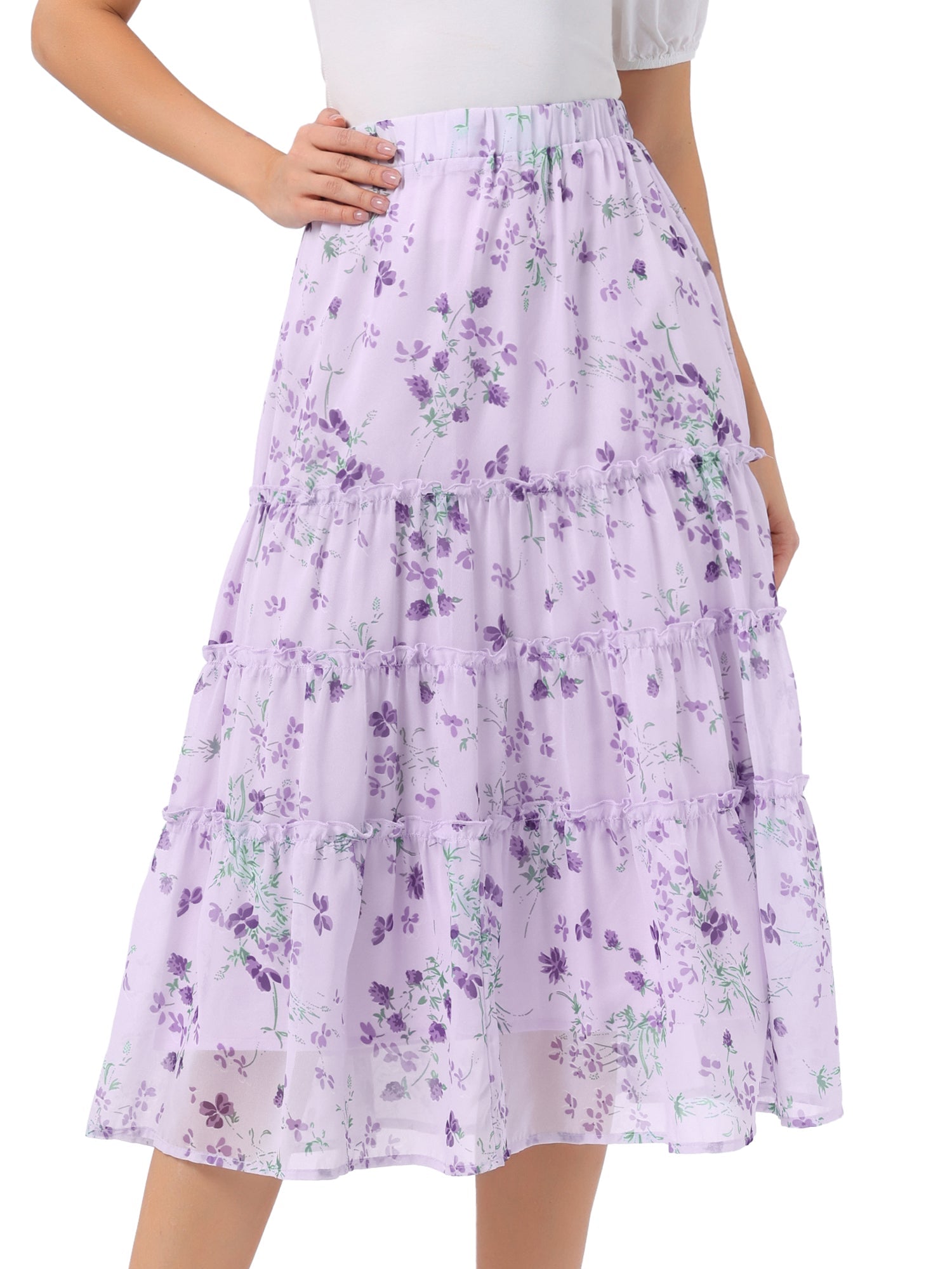Chiffon Floral Printed Long Tiered Ruffle Boho Midi Skirt