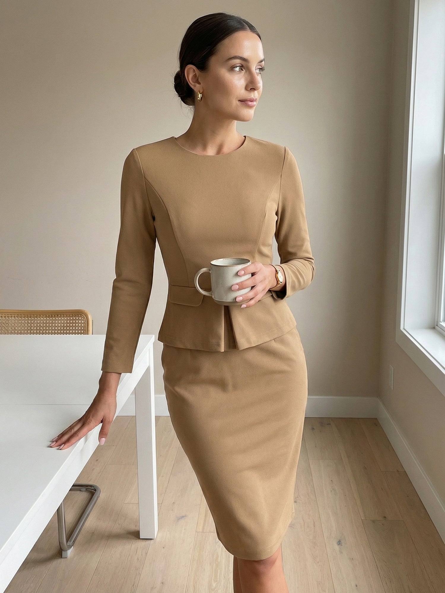 Bodycon Pencil Round Neck Bracelet Sleeve Peplum Office Sheath Dress