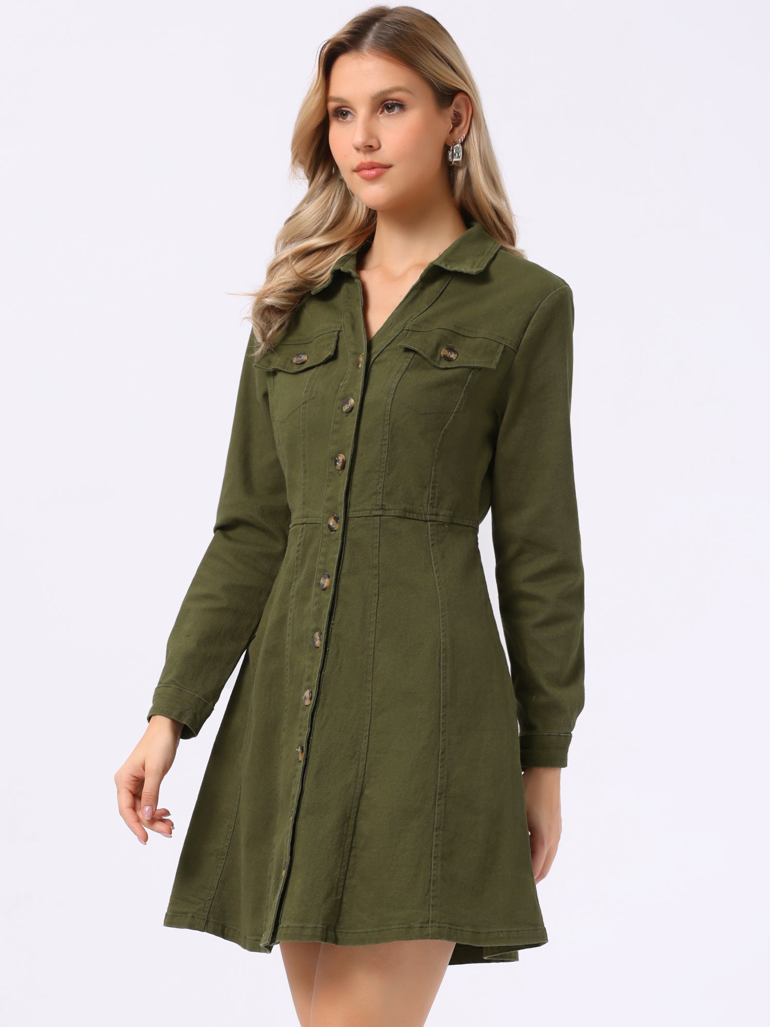 Button Down Collar V Neck Long Sleeve A-line Jean Denim Dress