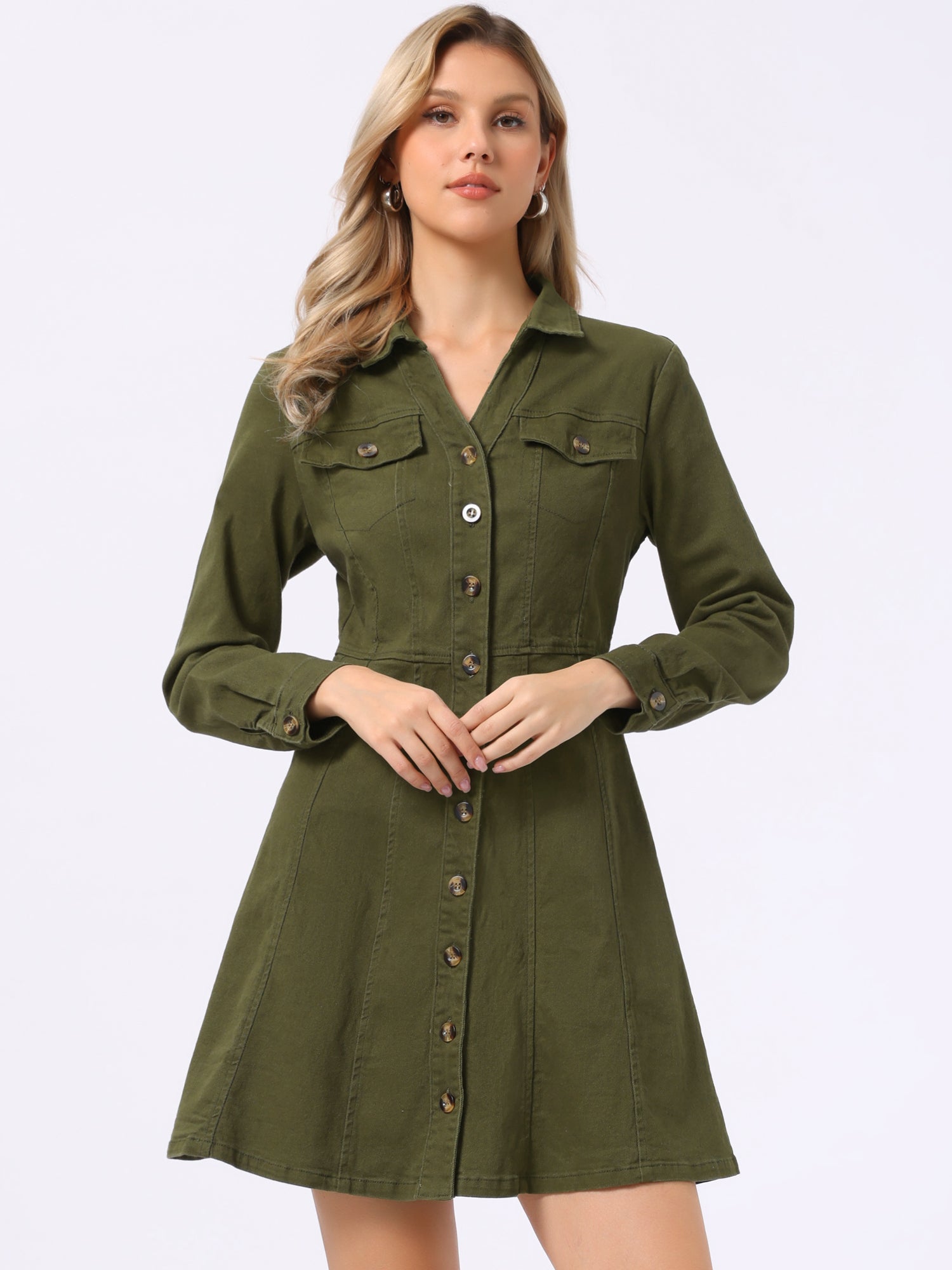 Button Down Collar V Neck Long Sleeve A-line Jean Denim Dress