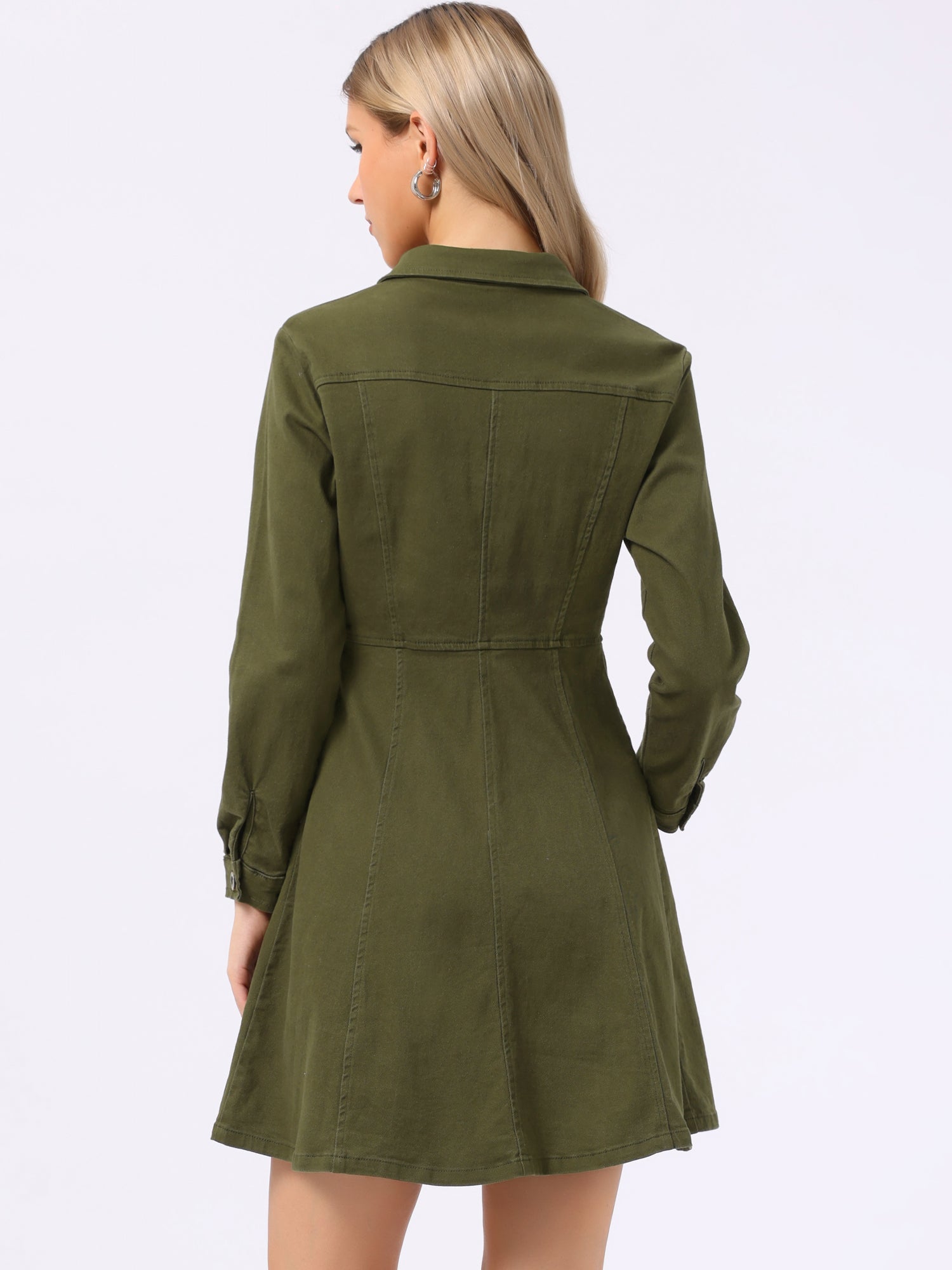 Button Down Collar V Neck Long Sleeve A-line Jean Denim Dress