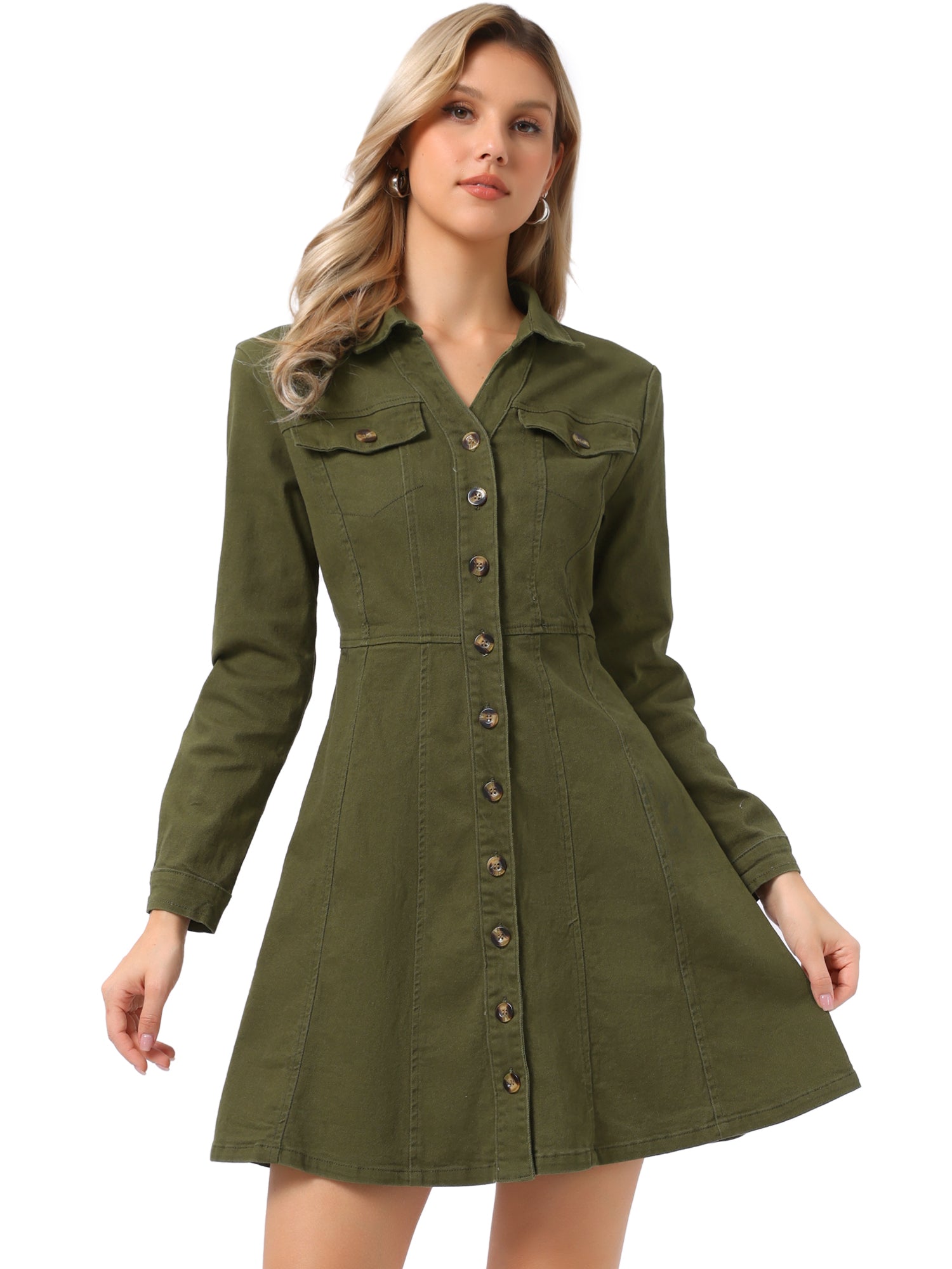 Button Down Collar V Neck Long Sleeve A-line Jean Denim Dress