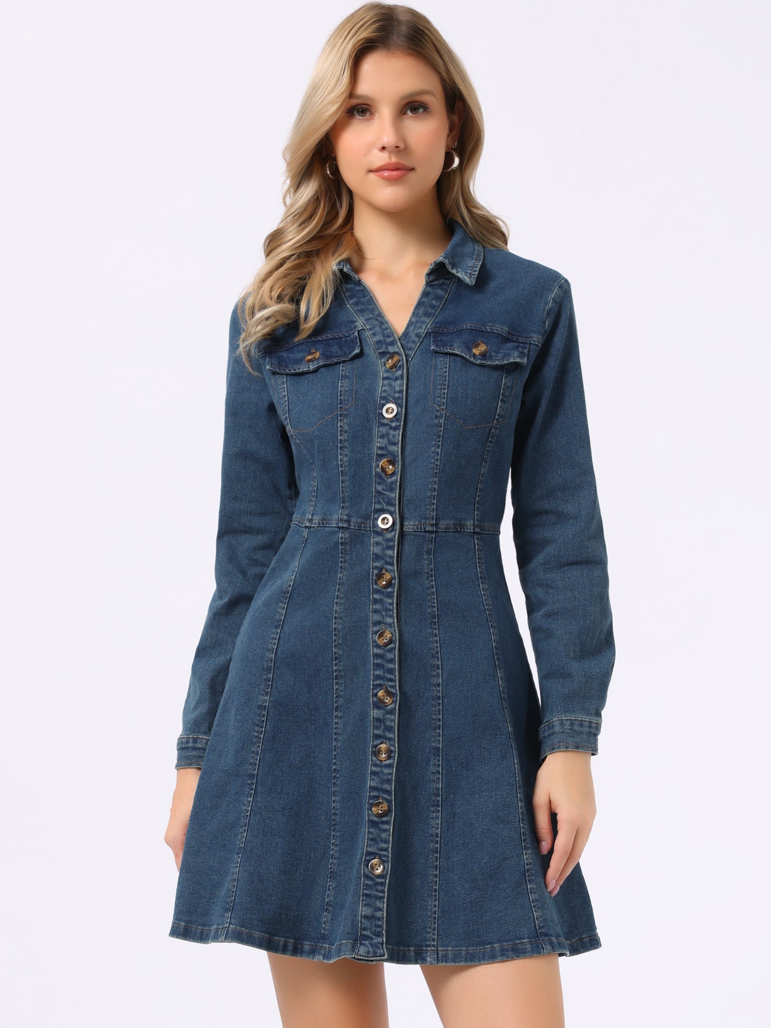 Button Down Collar V Neck Long Sleeve A-line Jean Denim Dress