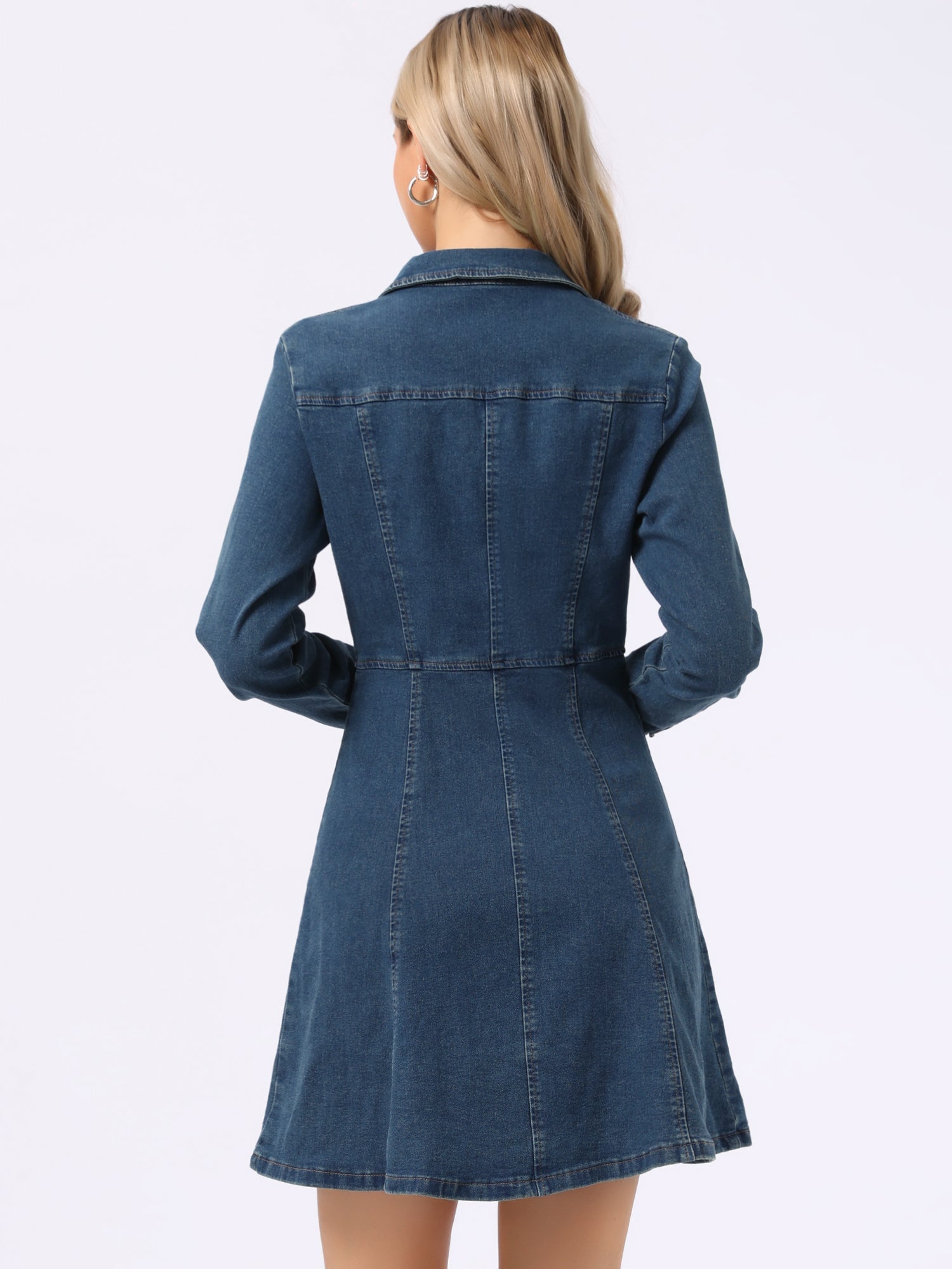 Button Down Collar V Neck Long Sleeve A-line Jean Denim Dress