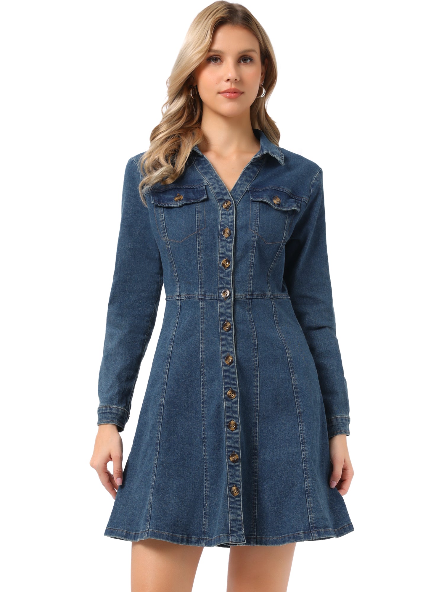 Button Down Collar V Neck Long Sleeve A-line Jean Denim Dress
