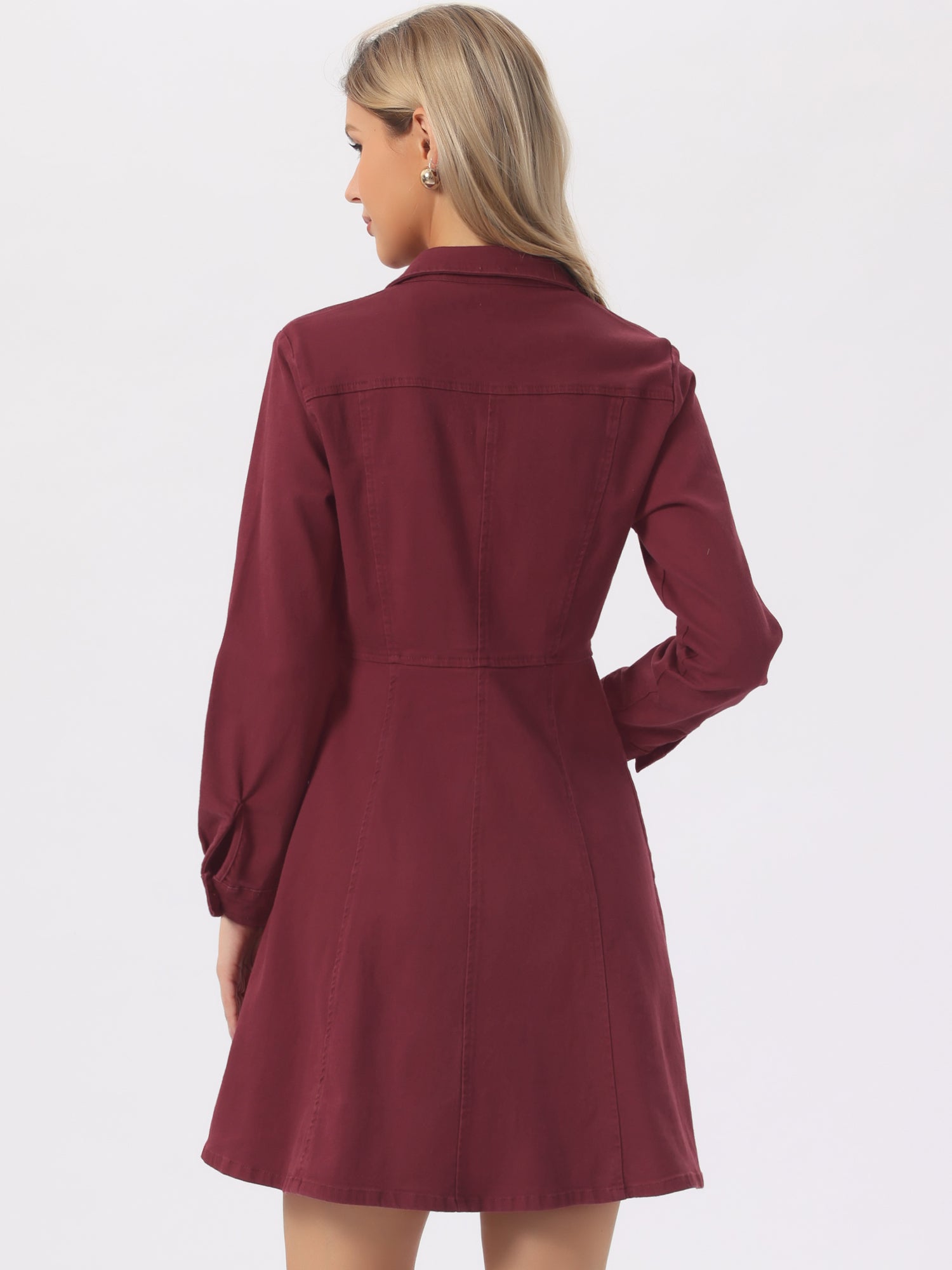 Button Down Collar V Neck Long Sleeve A-line Jean Denim Dress