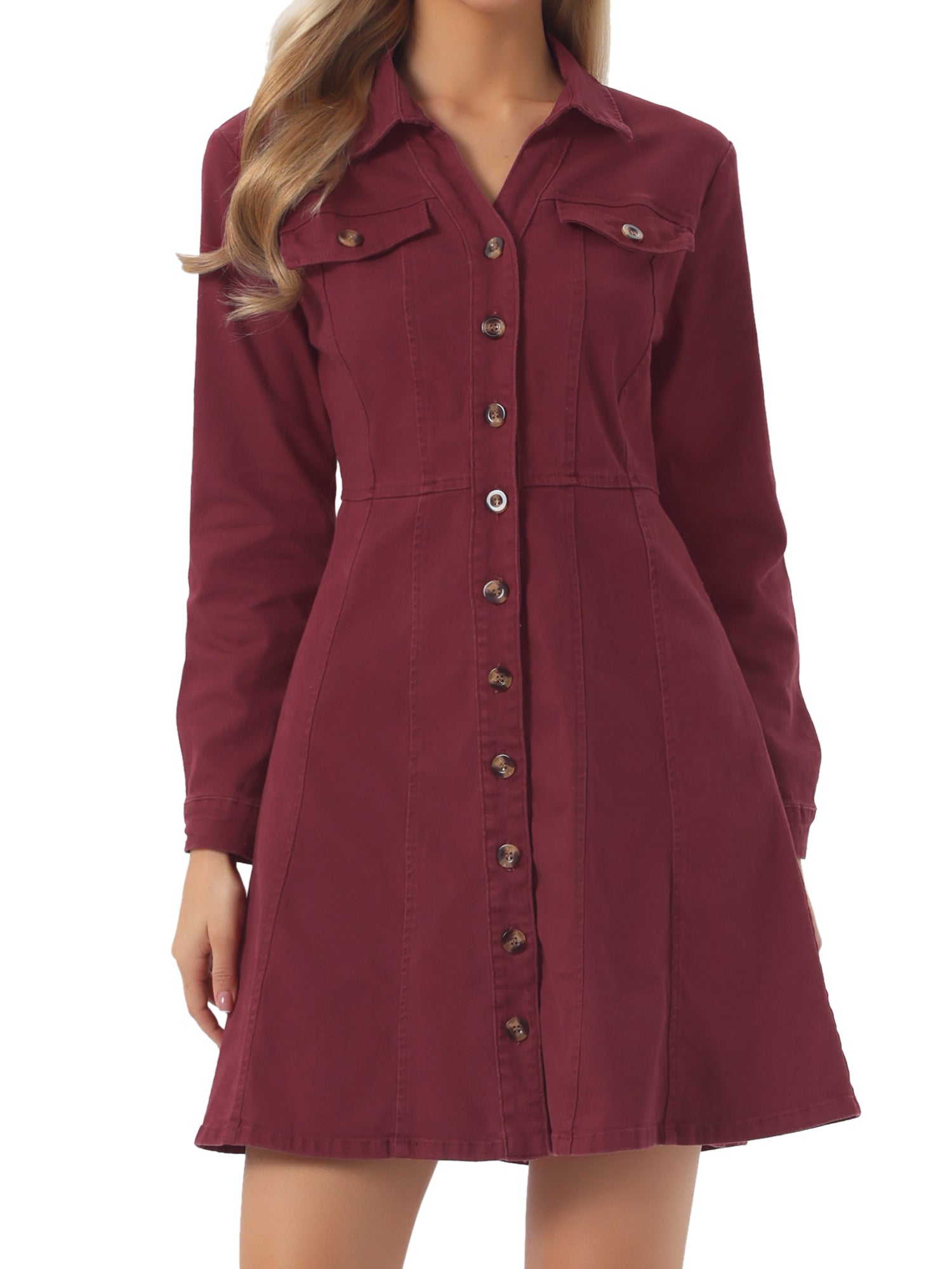 Button Down Collar V Neck Long Sleeve A-line Jean Denim Dress