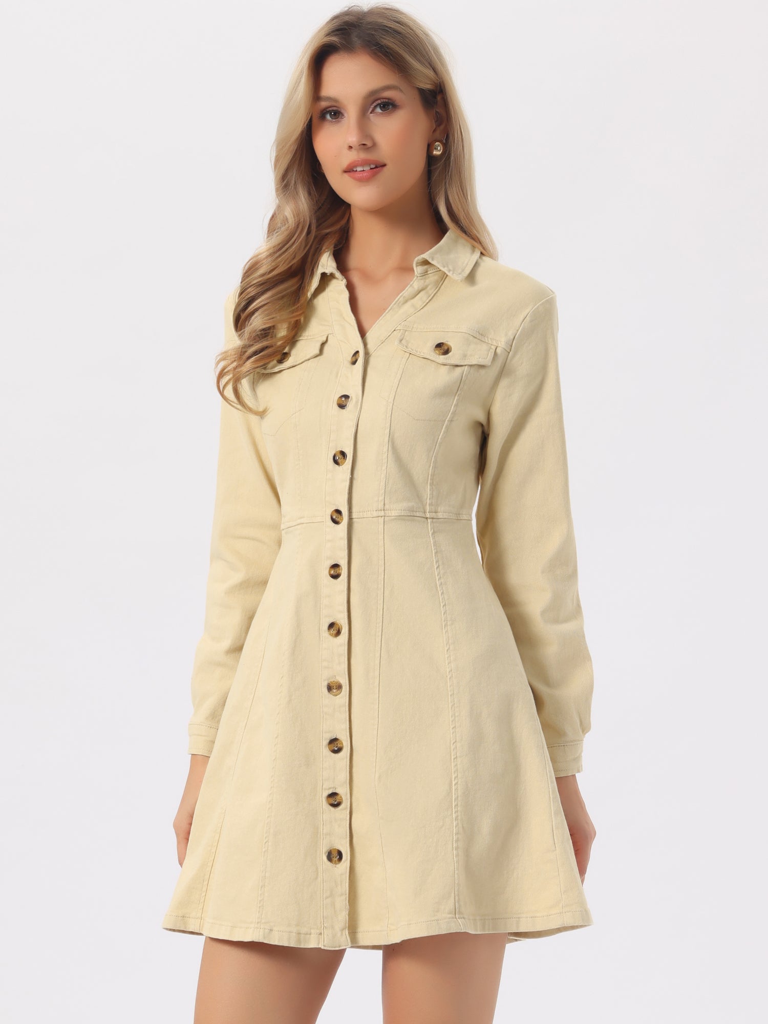Button Down Collar V Neck Long Sleeve A-line Jean Denim Dress