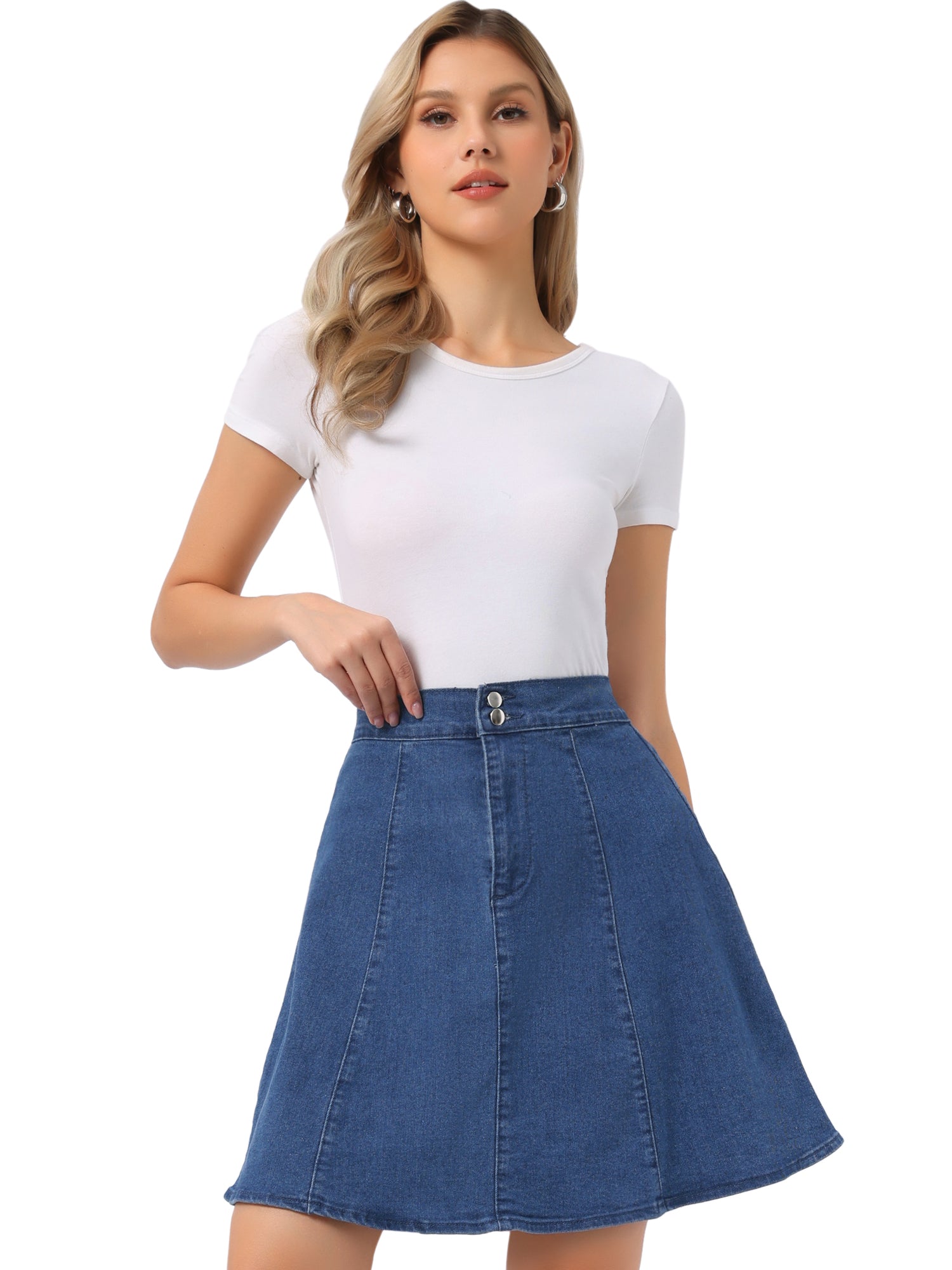 High Waisted A-Line Flared Casual Denim Midi Jean Skirt