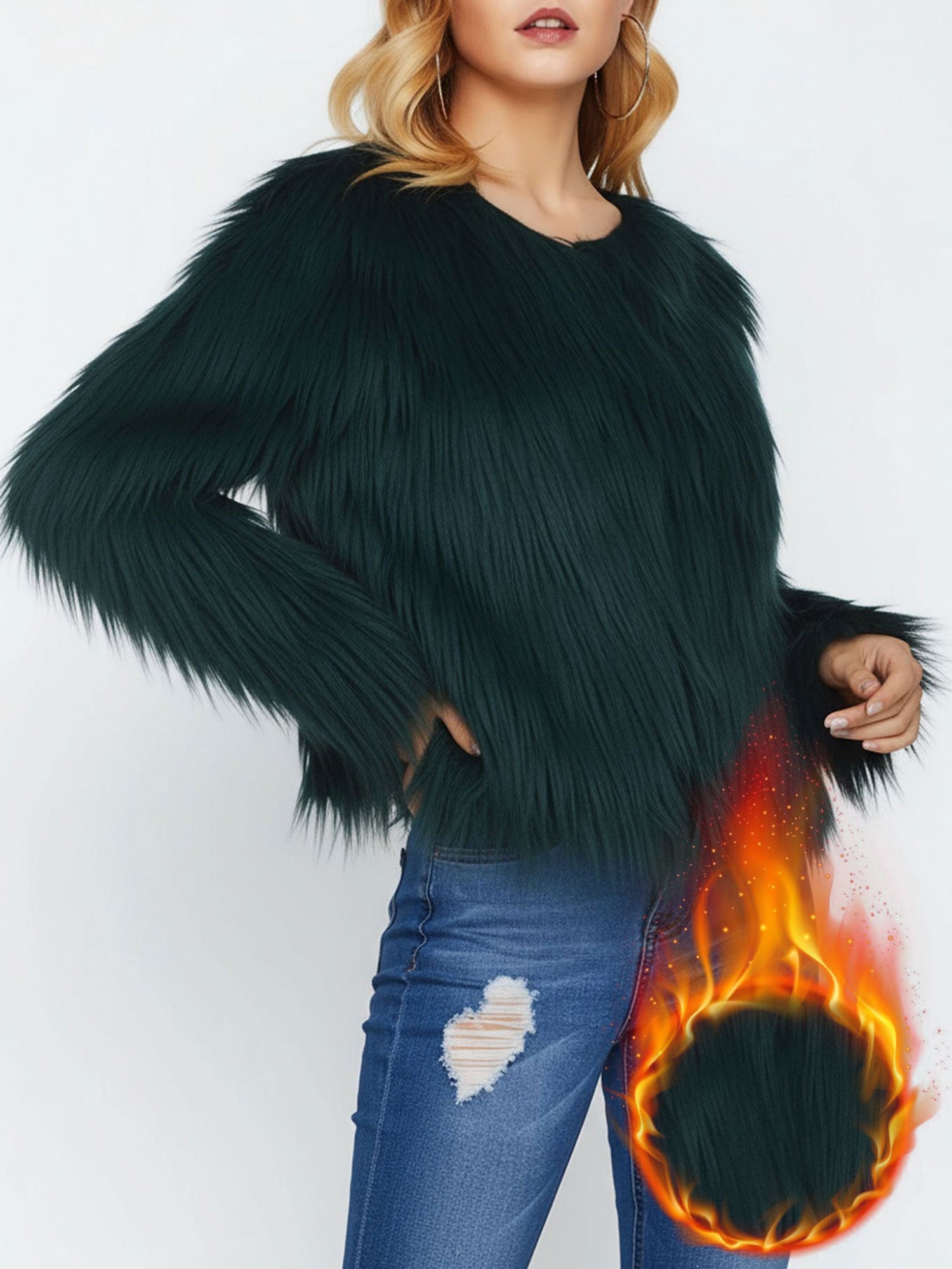 Long Sleeves Collarless Cropped Faux Fur Coat