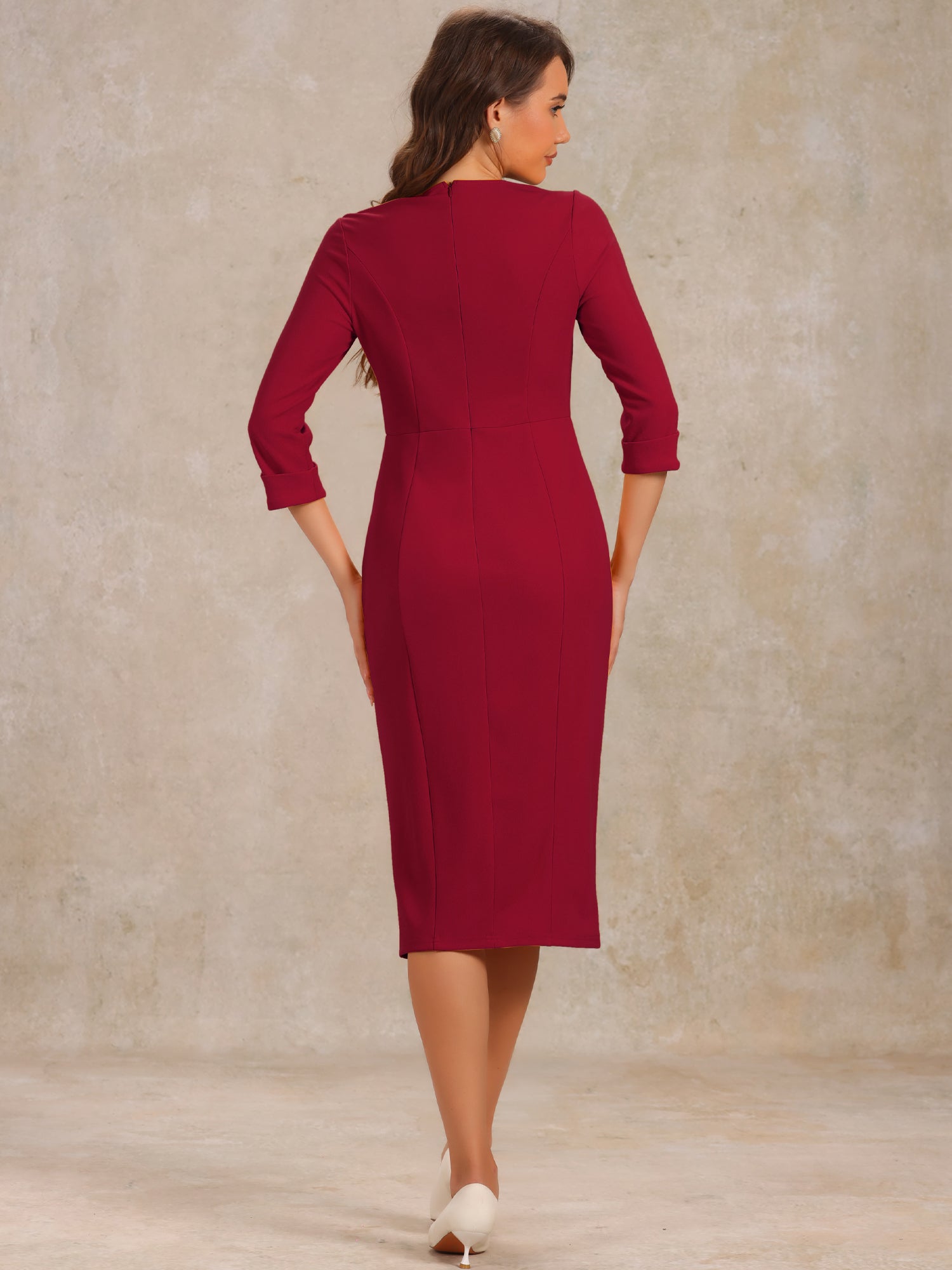 Elegant Boat Neck 3/4 Sleeves Work Midi Split Sheath Dress