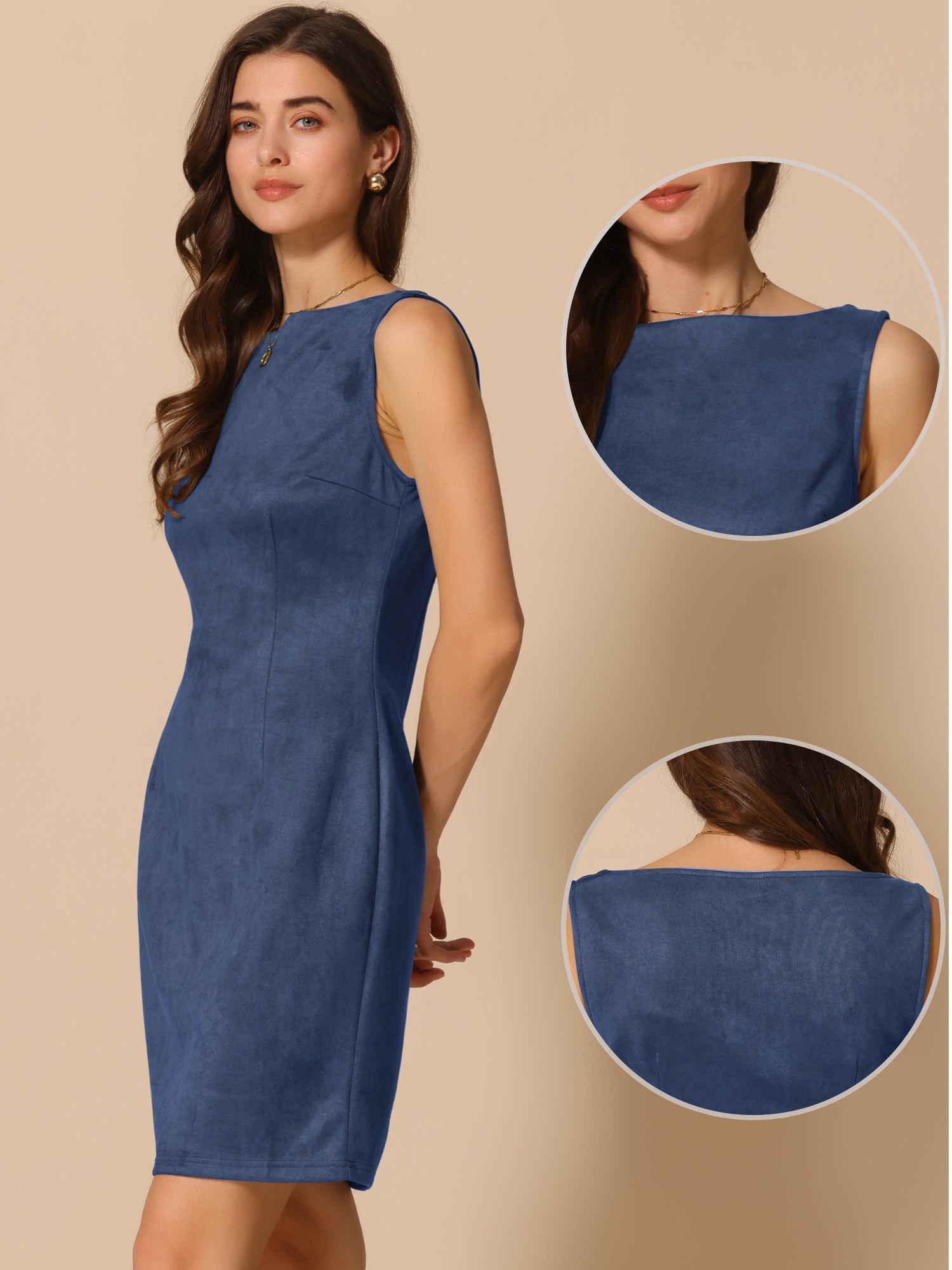 Faux Suede Boat Neck Sleeveless Sheath Midi Dress