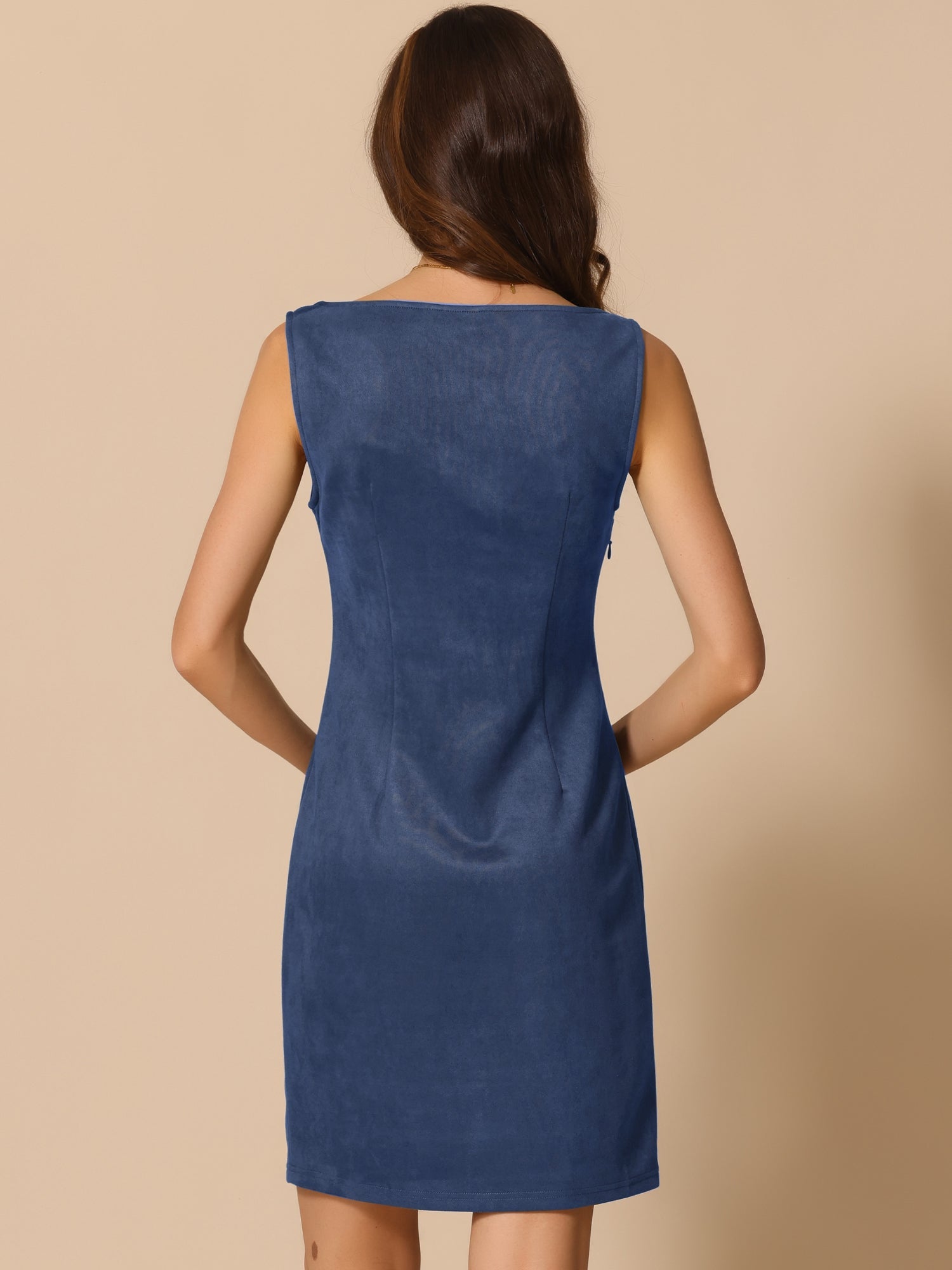 Faux Suede Boat Neck Sleeveless Sheath Midi Dress