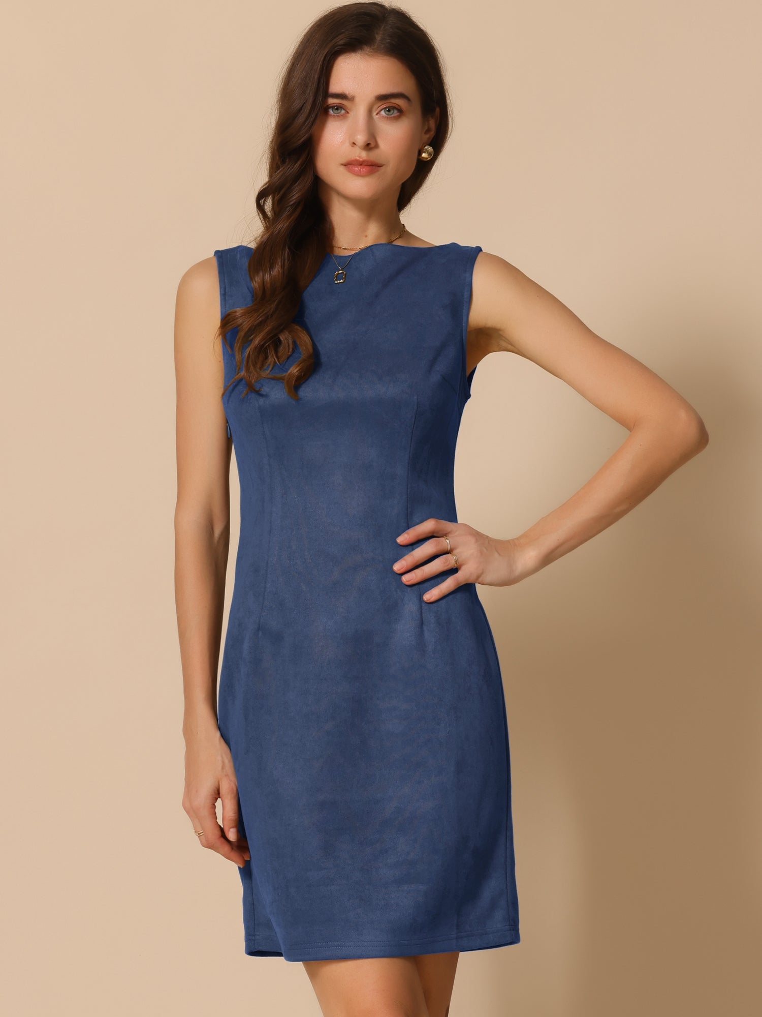 Faux Suede Boat Neck Sleeveless Sheath Midi Dress