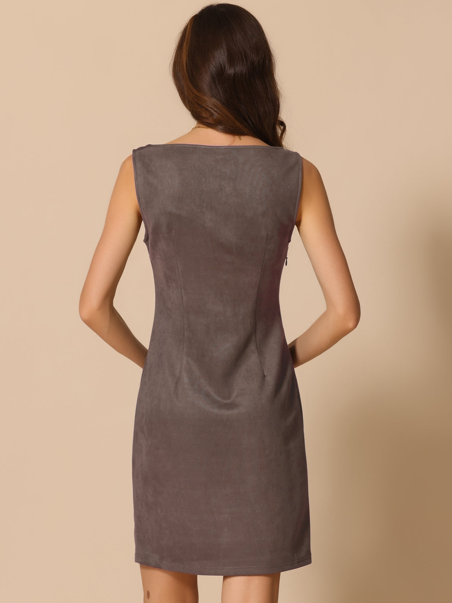 Faux Suede Boat Neck Sleeveless Sheath Midi Dress