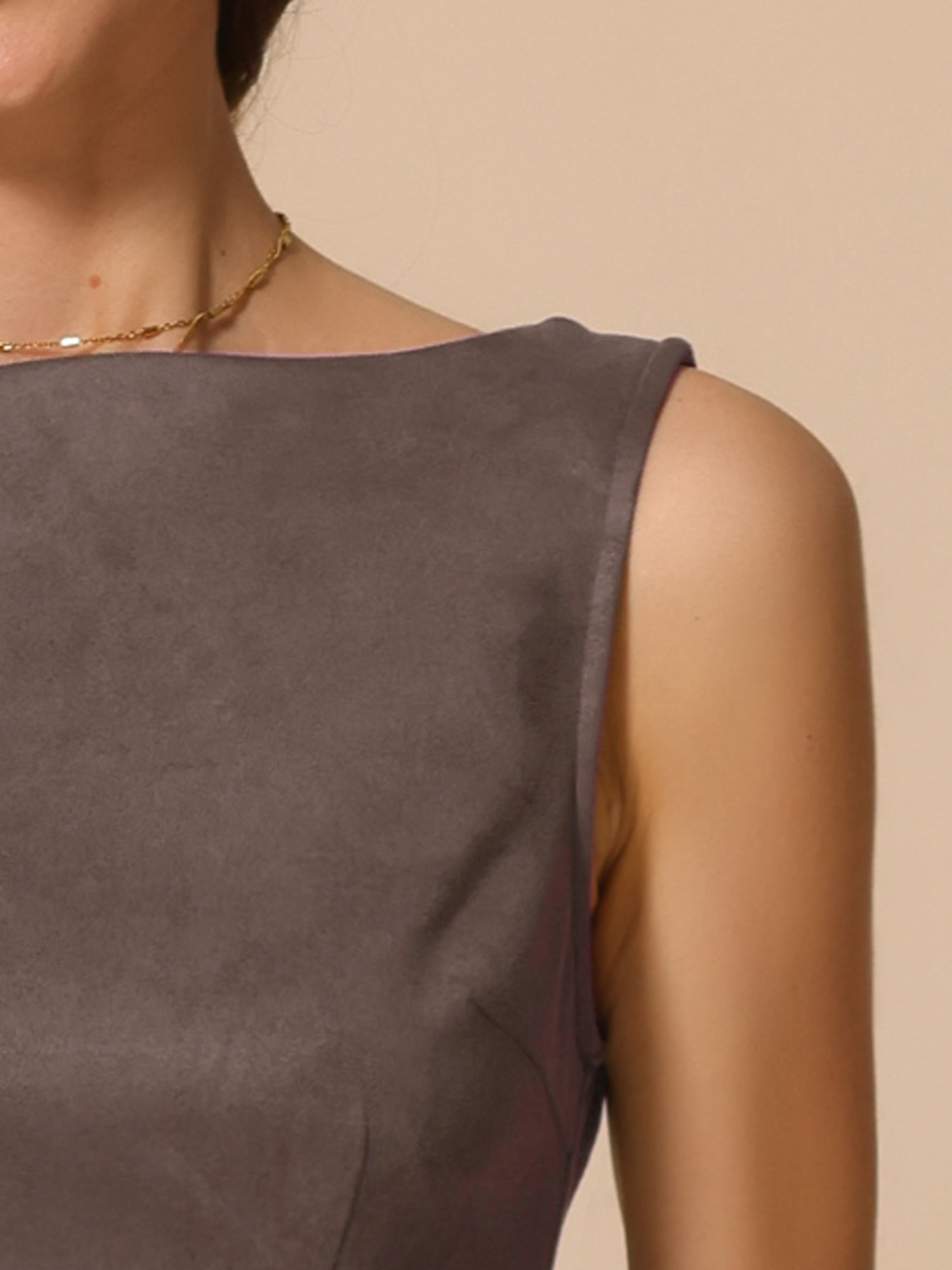 Faux Suede Boat Neck Sleeveless Sheath Midi Dress